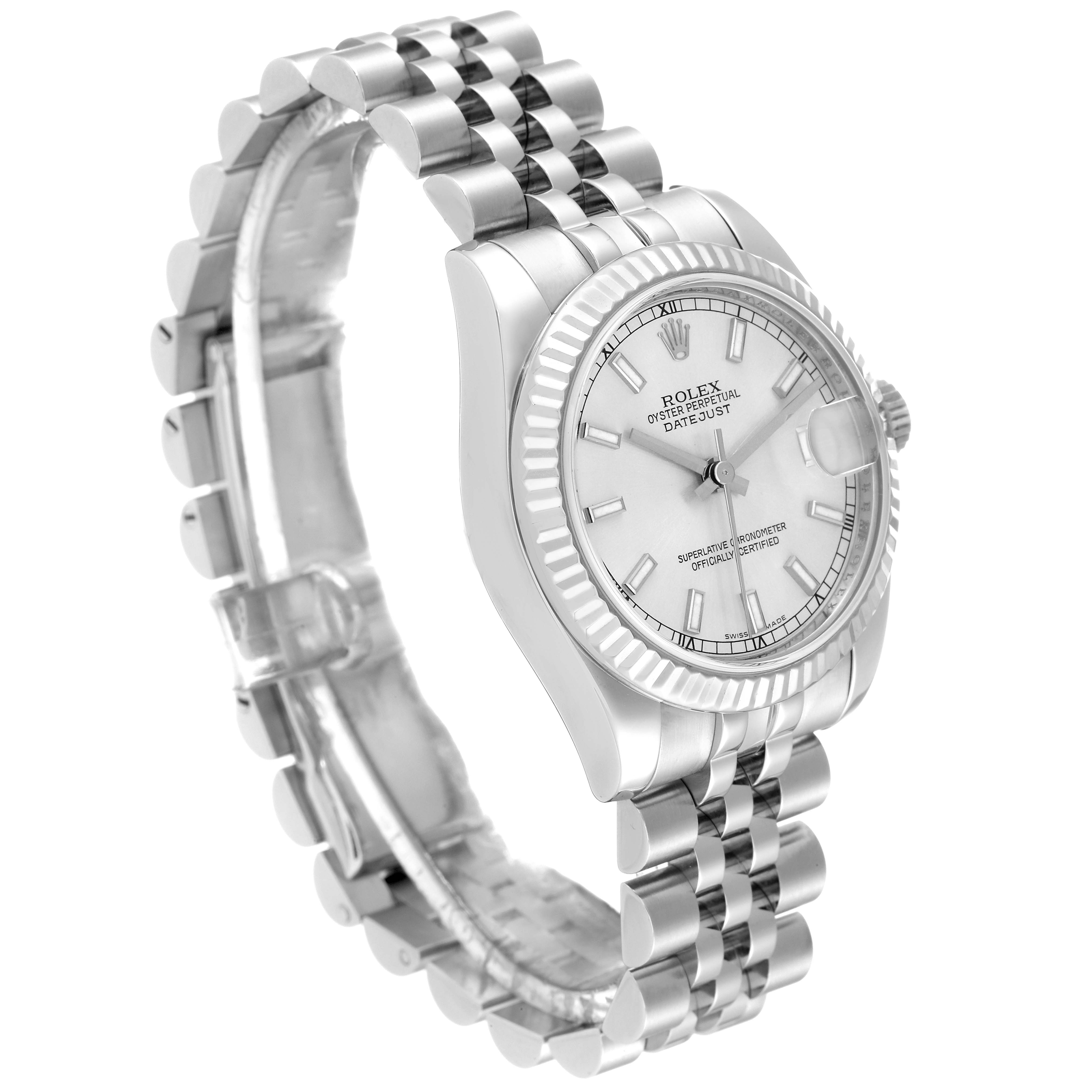 The image shows a side angle of a Rolex Mid-Size 178274 Women
s Stainless Steel Silver Dial 178274 Women
s Stainless Steel Silver Dial Oyster Perpetual Datejust, highlighting the dial, bezel, and bracelet.