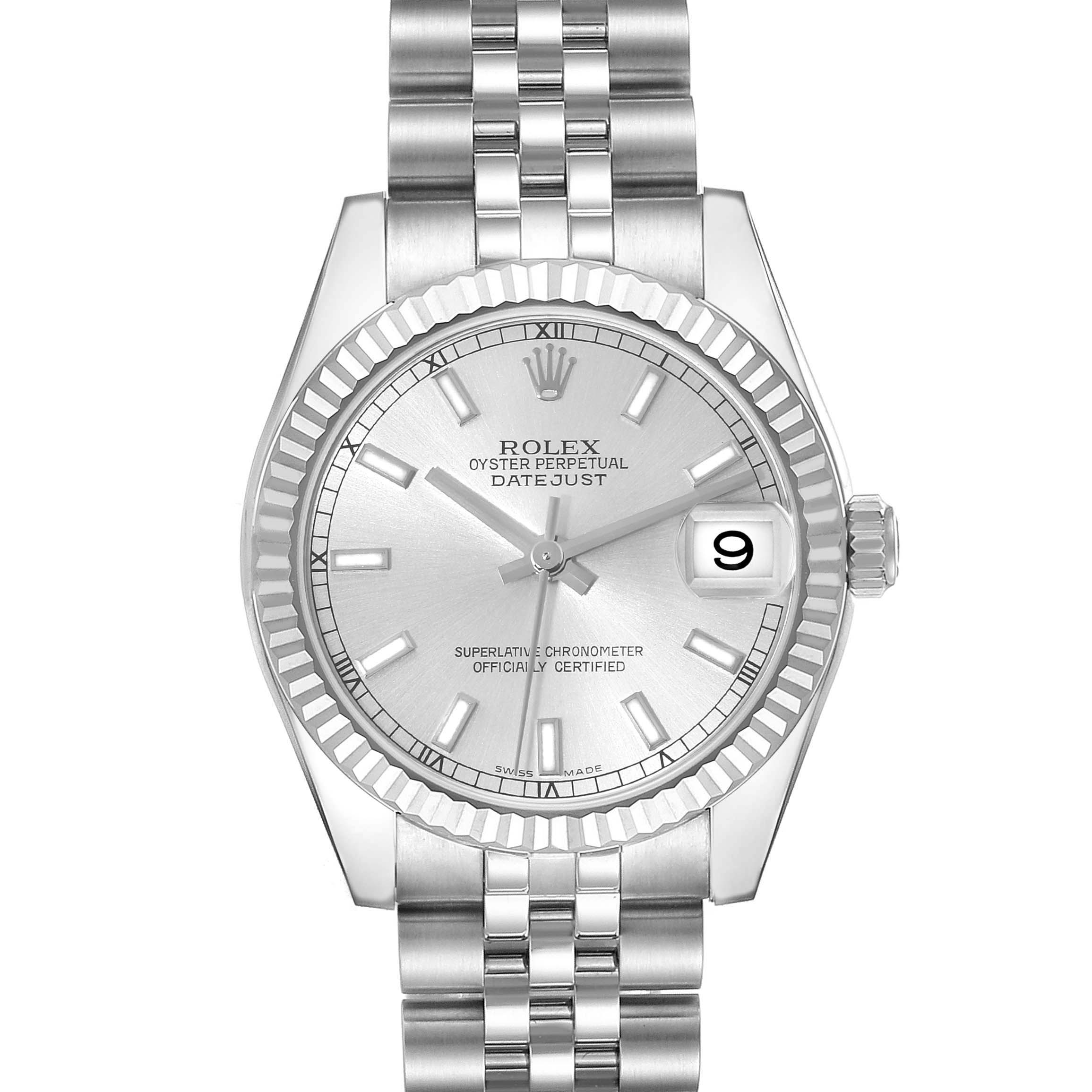 This Rolex Mid-Size 178274 Women
s Stainless Steel Silver Dial 178274 Women
s Stainless Steel Silver Dial Datejust watch is shown from a front angle, displaying the face, bezel, and a portion of the bracelet.