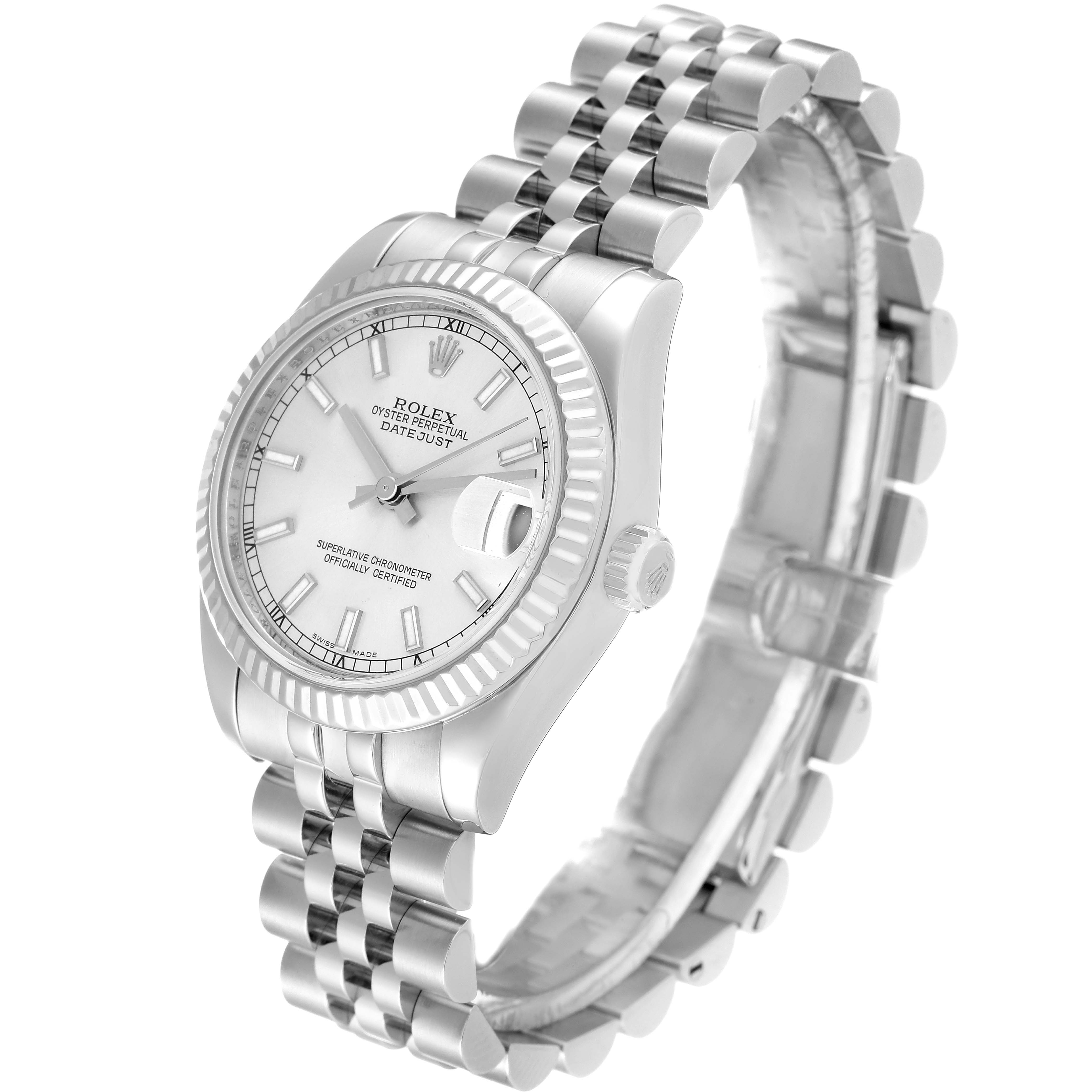 The image shows a Rolex Mid-Size 178274 Women
s Stainless Steel Silver Dial 178274 Women
s Stainless Steel Silver Dial Oyster Perpetual Datejust watch at a three-quarter angle, displaying the face, bezel, crown, and bracelet.