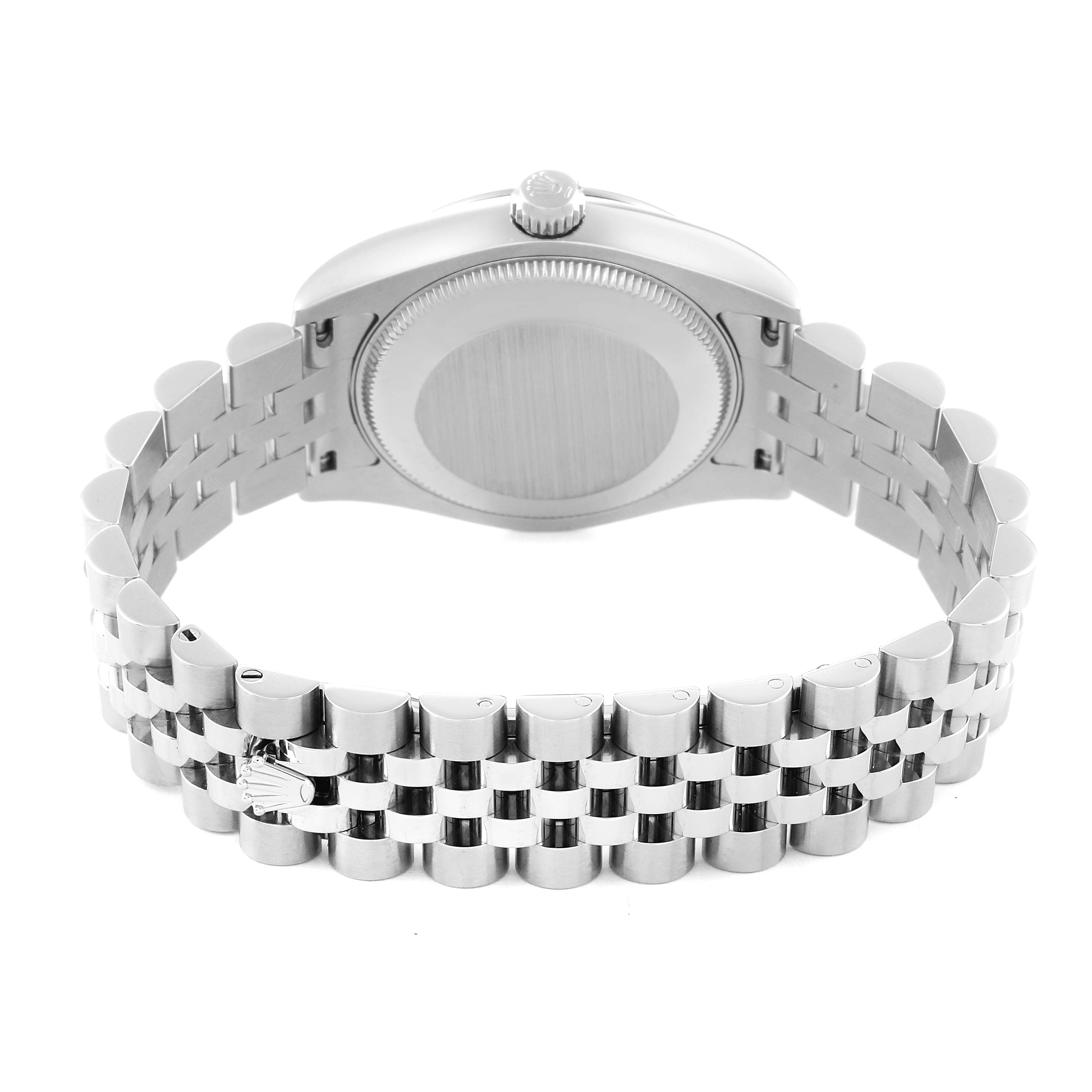 The Rolex Mid-Size 178274 Women
s Stainless Steel Silver Dial 178274 Women
s Stainless Steel Silver Dial model watch is shown from the back, highlighting the case back, crown, and bracelet.