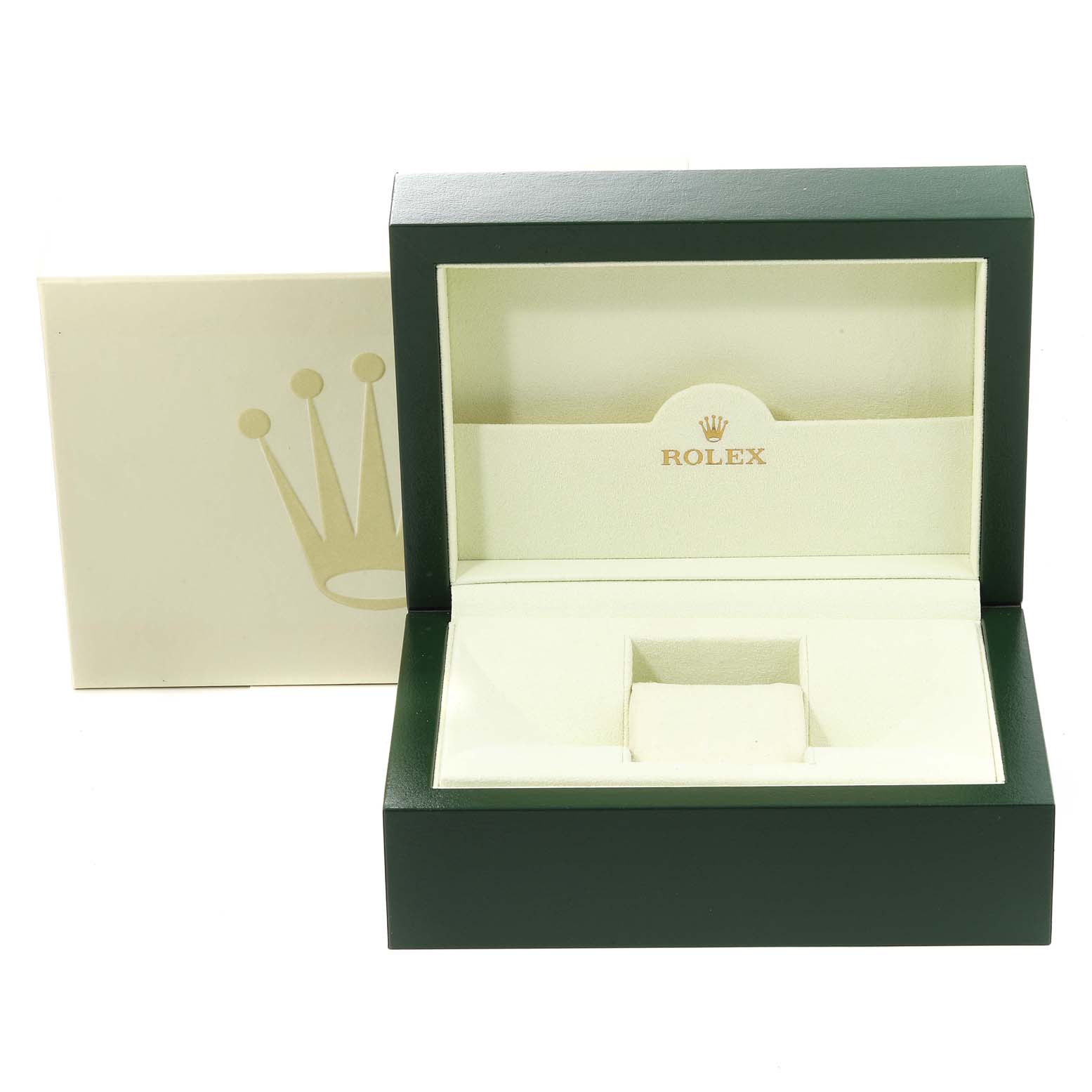The image shows an open Rolex watch box with branded packaging, revealing the interior cushion for the Mid-Size model watch.