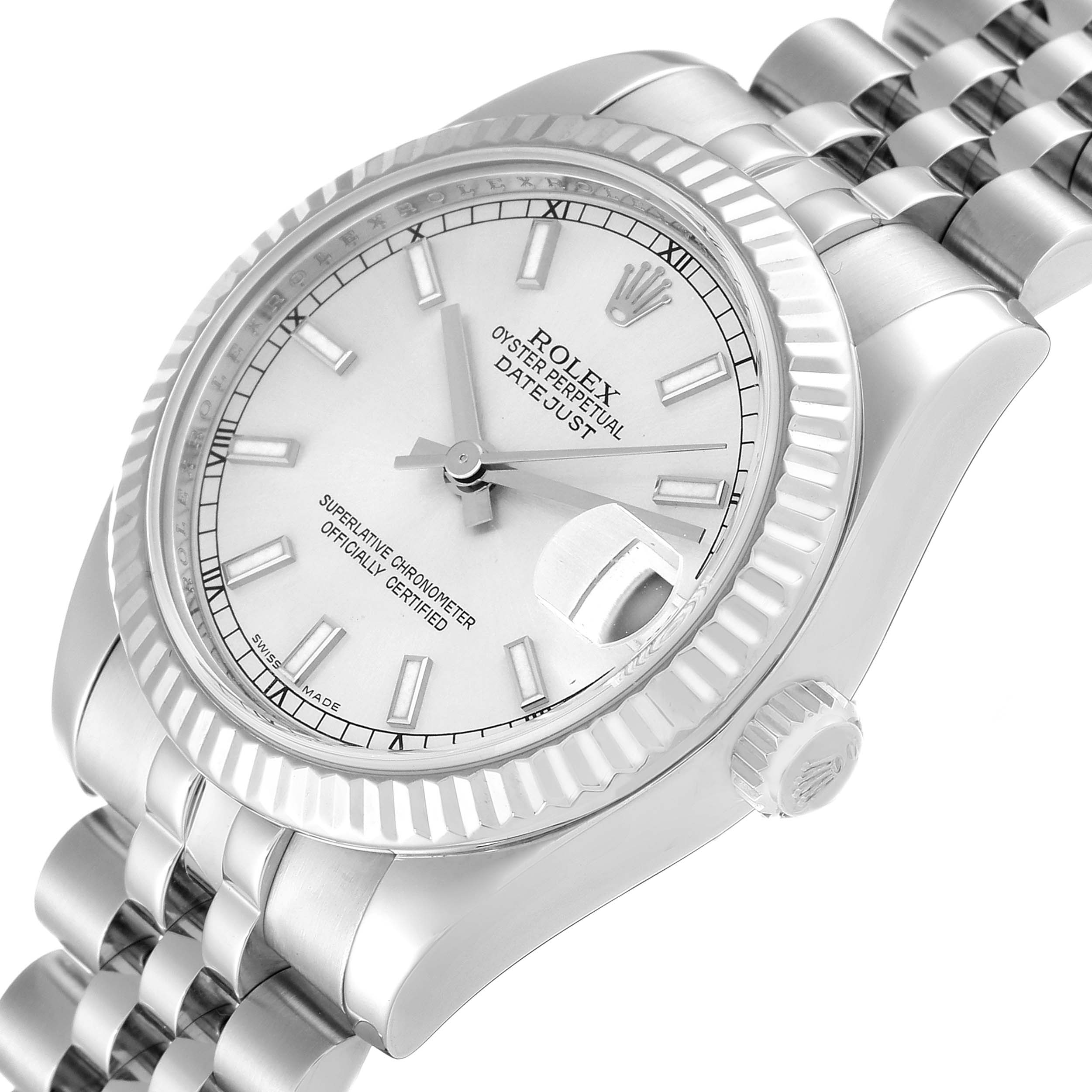 The image shows a Rolex Oyster Perpetual Datejust Mid-Size watch at a tilted angle, highlighting its dial, bezel, and bracelet.
