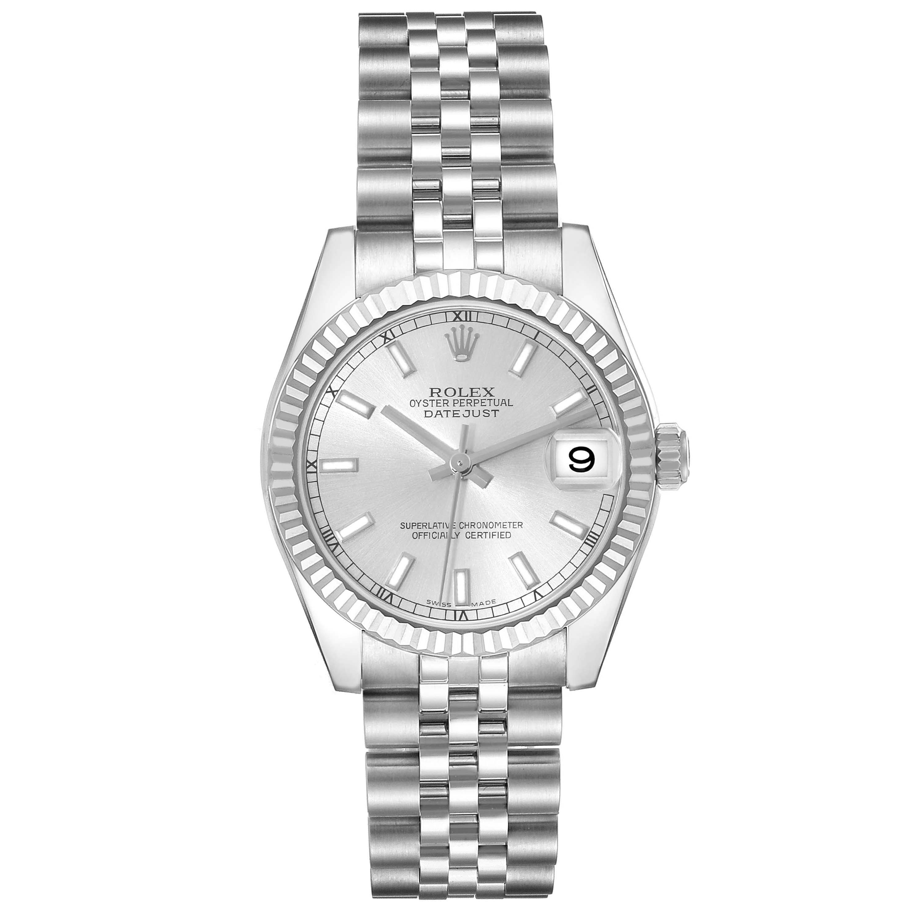 The image shows a front-facing view of a mid-size Rolex Oyster Perpetual Datejust watch with its bracelet and dial visible.