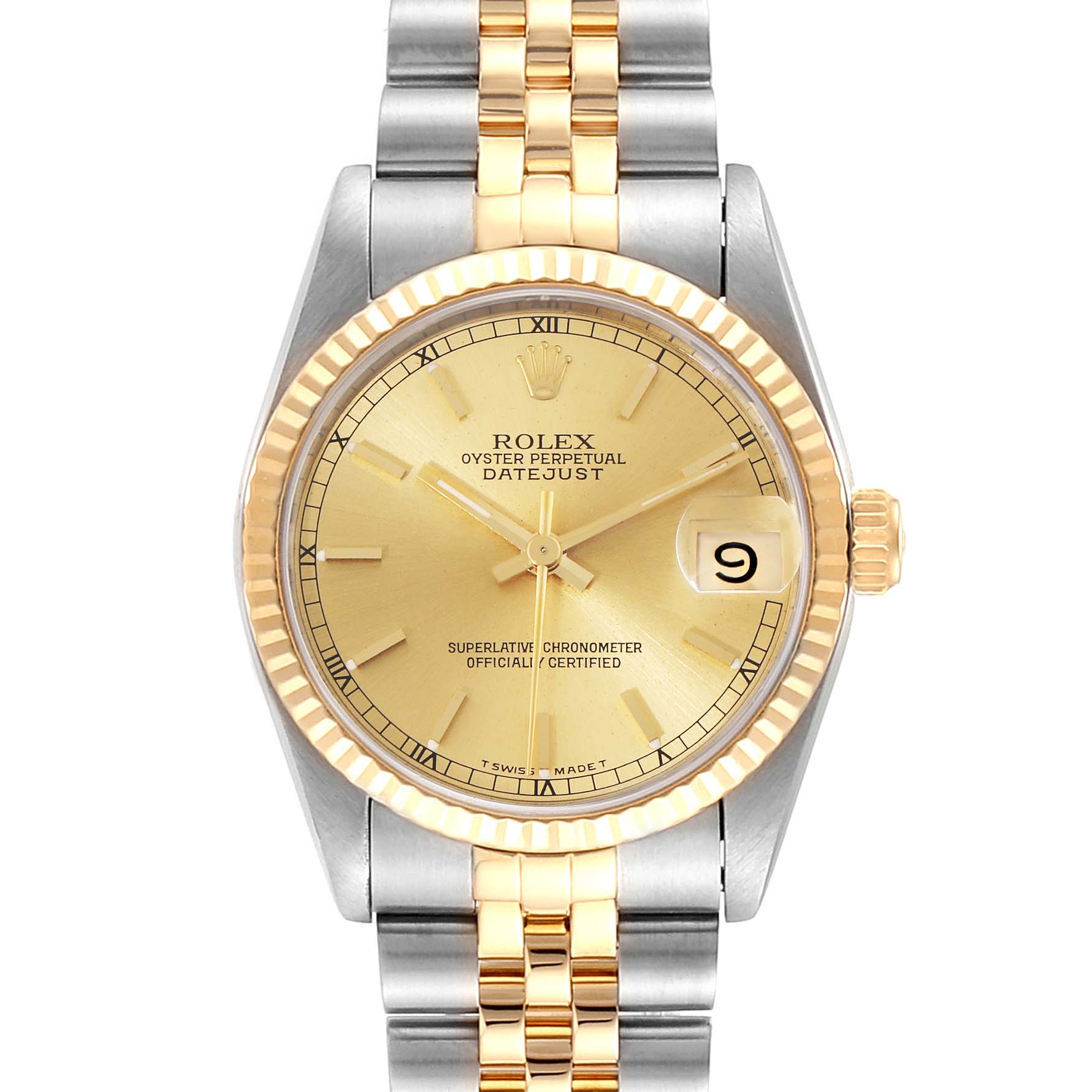 This image shows a front view of the Rolex Datejust Mid-Size watch, highlighting its bezel, dial, crown, and bracelet.