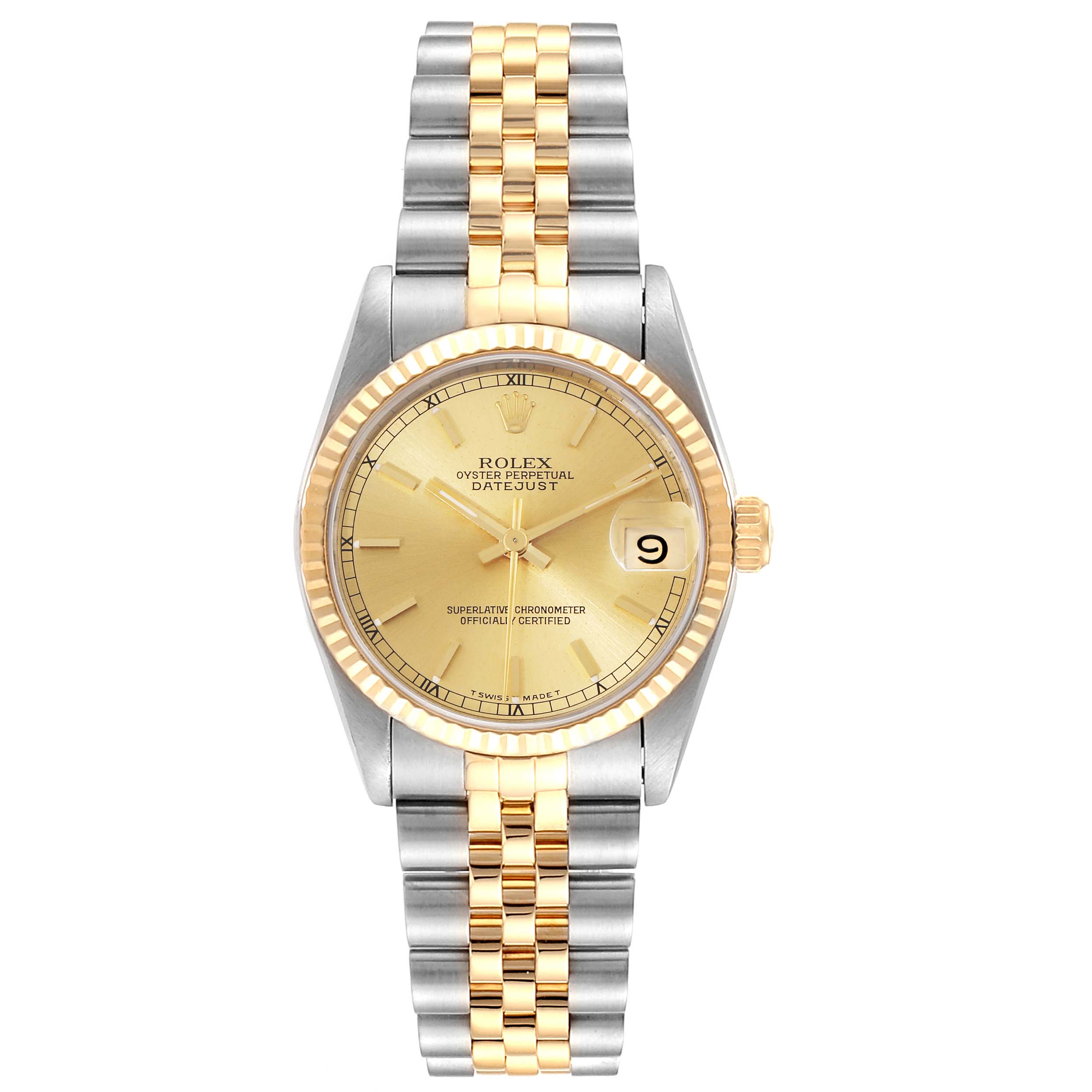 The image shows a front view of a Rolex Oyster Perpetual Datejust Mid-Size watch, highlighting its dial, bezel, and two-tone bracelet.