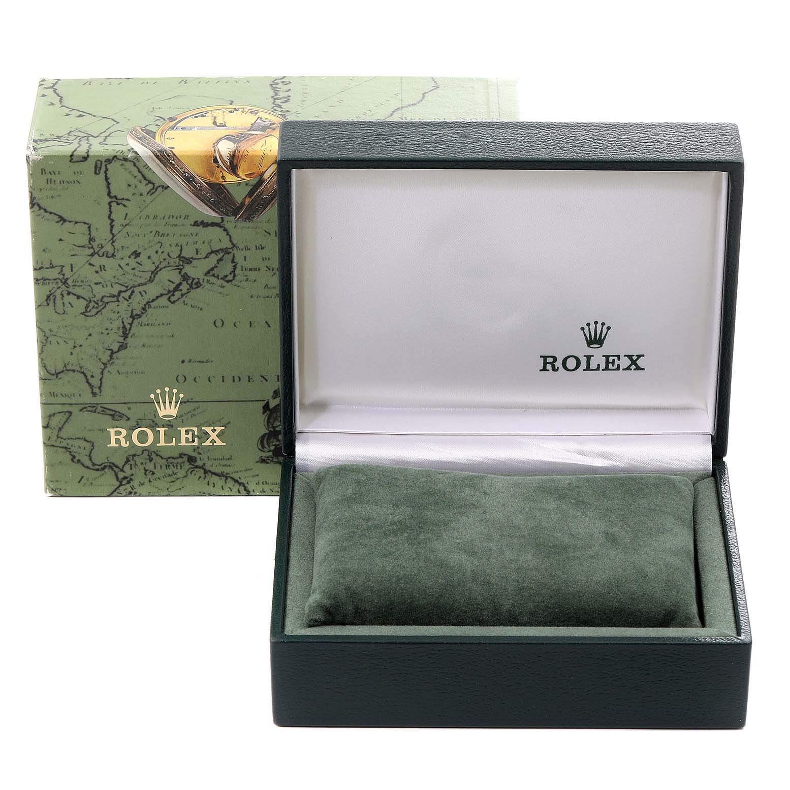 The image shows the box and cushion for a Mid-Size Rolex watch, with the box lid open and the outer packaging visible.