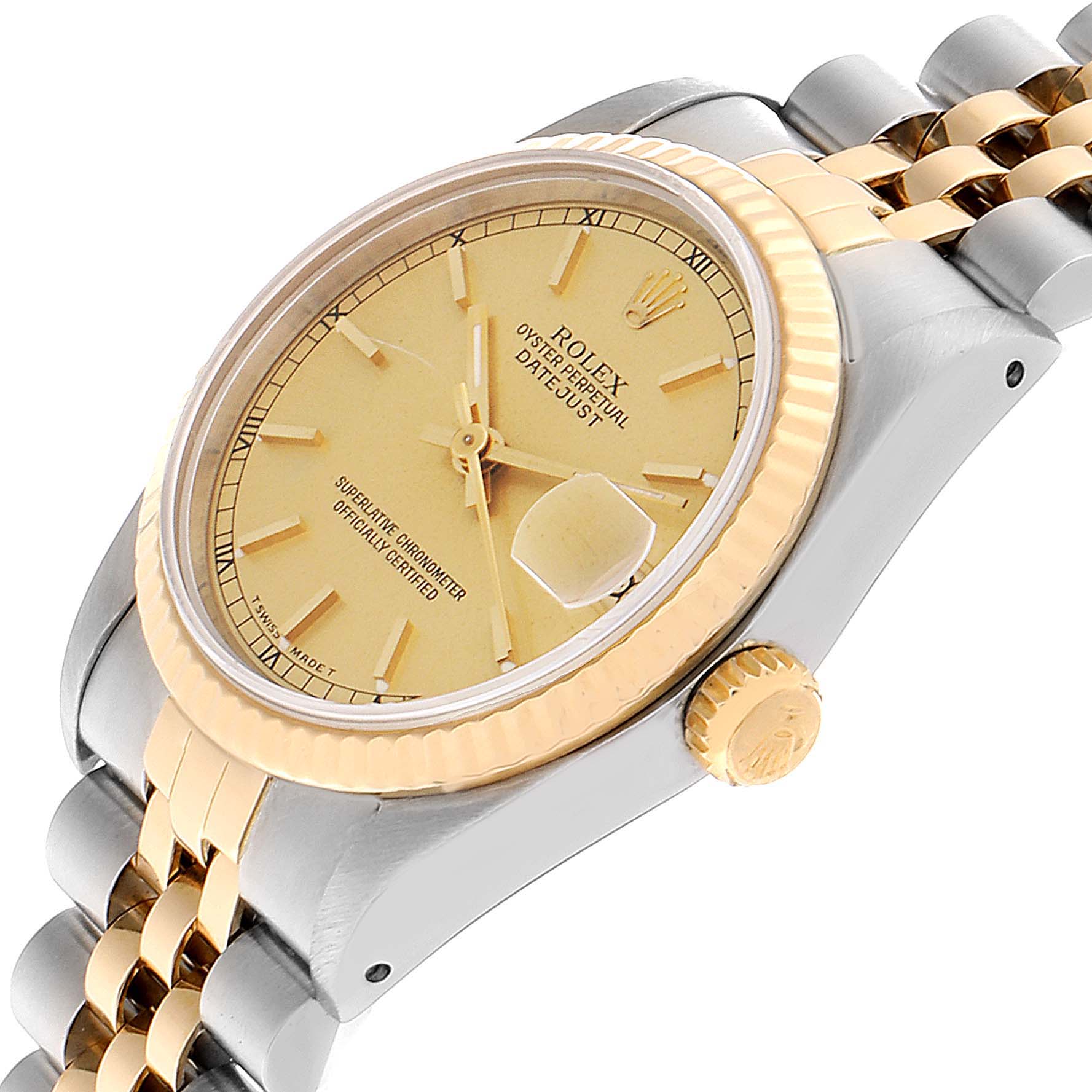 The image shows a side angle of a Rolex Mid-Size 68273 Women's Steel and Gold (two tone) Champagne Dial 68273 Women's Steel and Gold (two tone) Champagne Dial Datejust watch, highlighting the dial, bezel, crown, and bracelet.