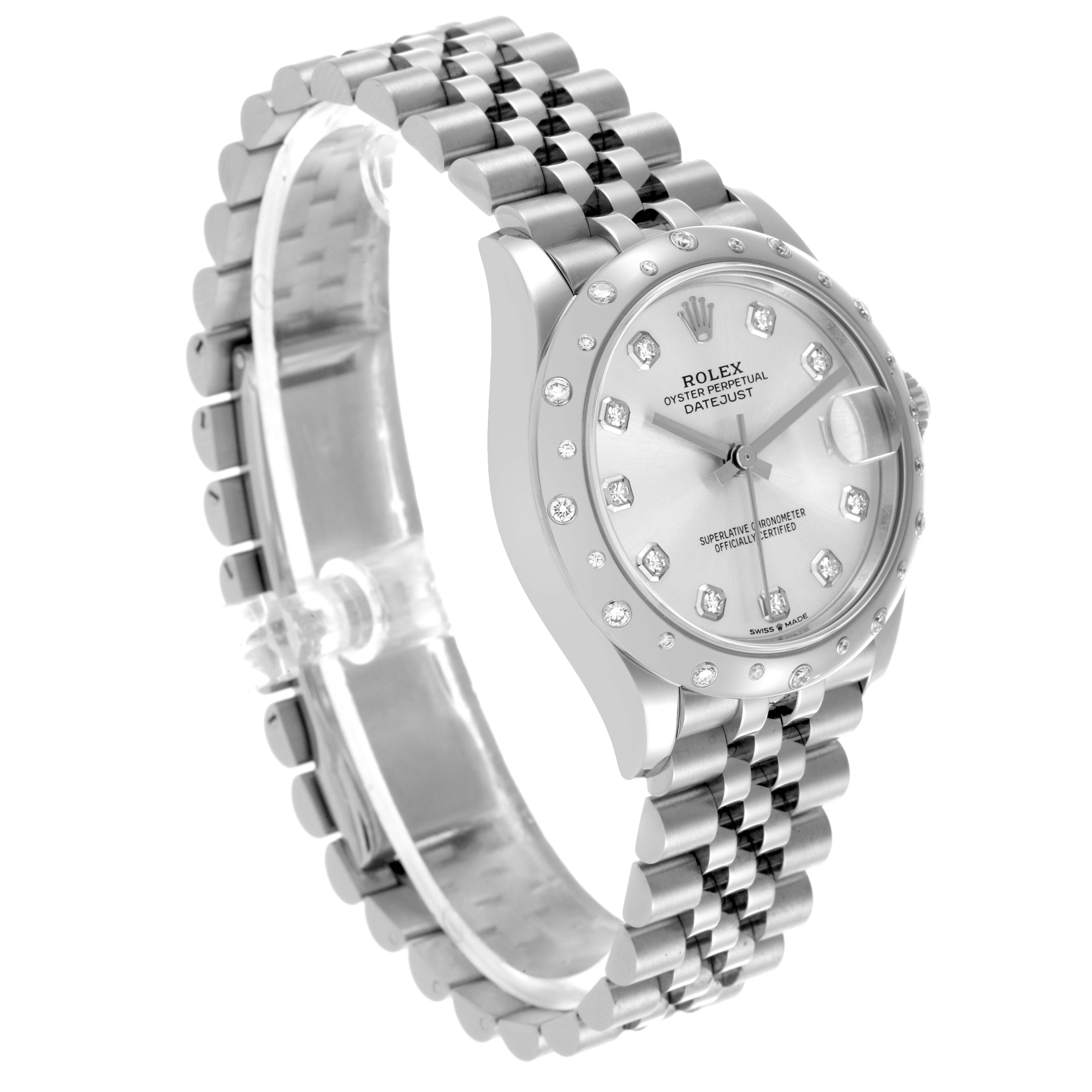 The Rolex Mid-Size 278344 Women's White Gold Silver Dial 278344 Women's White Gold Silver Dial watch is shown at an angled view, displaying the face, bezel, and Jubilee bracelet.