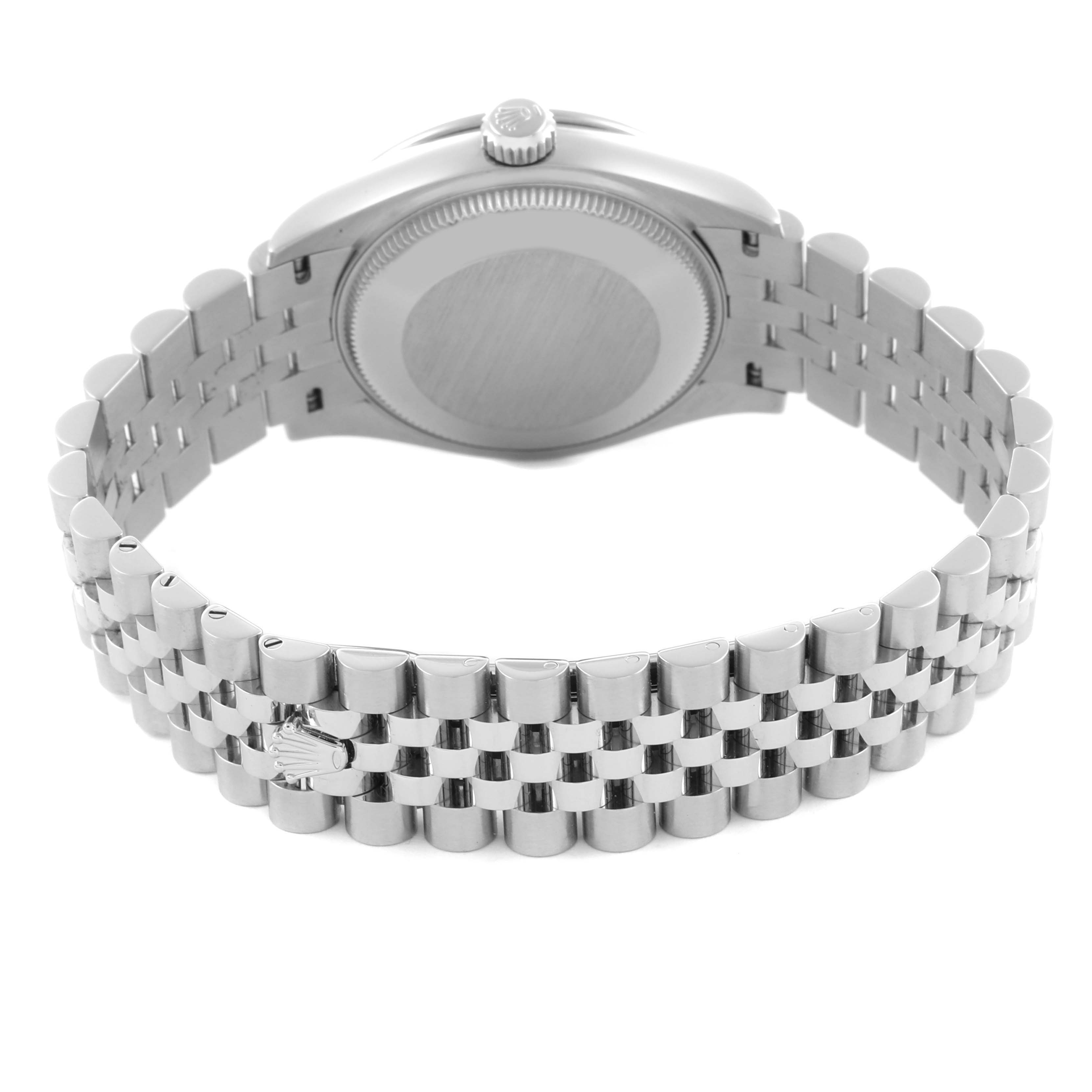 The image shows the back of a Rolex Mid-Size 278344 Women's White Gold Silver Dial 278344 Women's White Gold Silver Dial model with its bracelet and crown, viewed from a low angle.