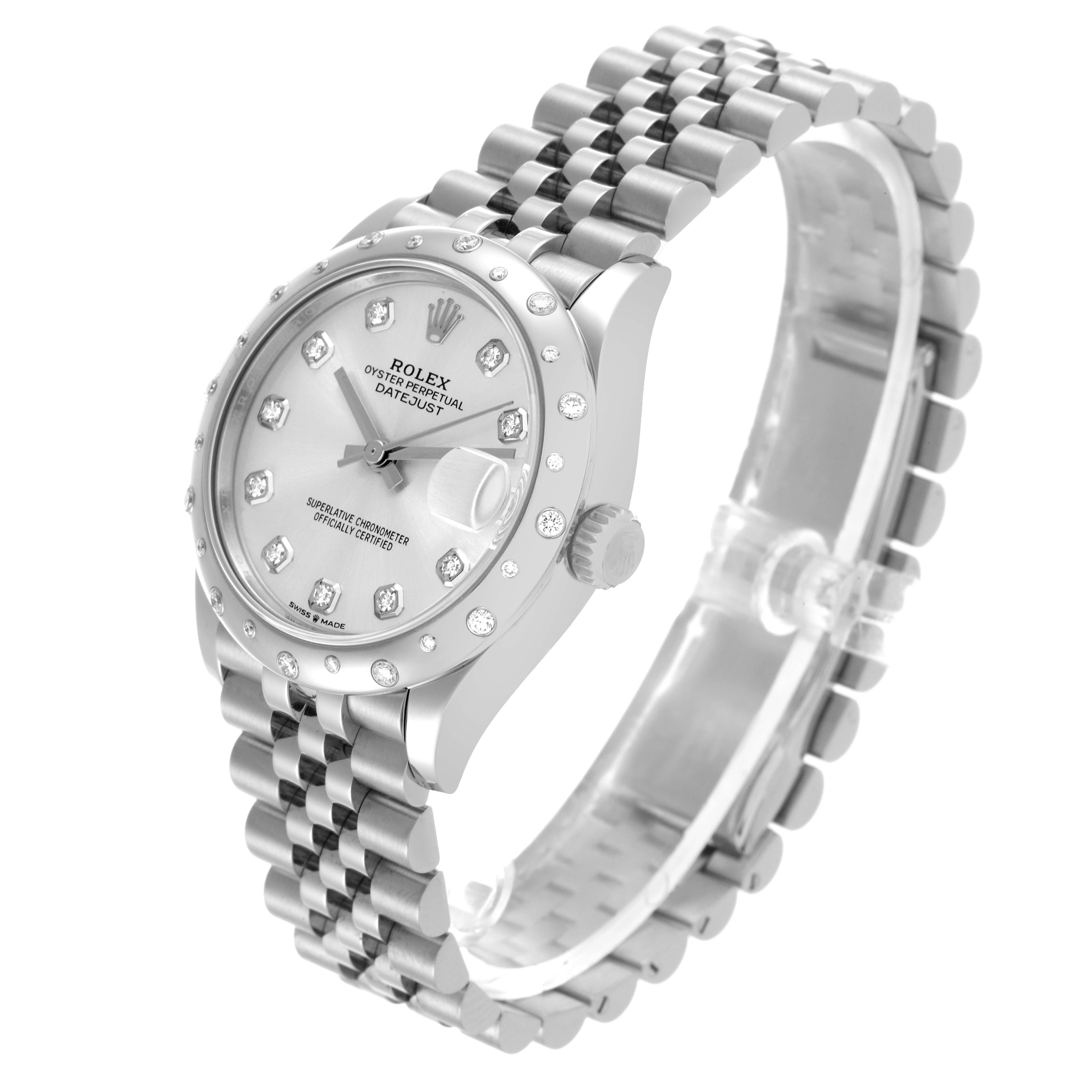 The Rolex Mid-Size 278344 Women's White Gold Silver Dial 278344 Women's White Gold Silver Dial watch is shown at a side angle, displaying the face, bezel, and Jubilee bracelet.