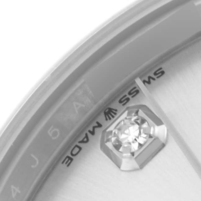 The image shows a close-up of the dial of a Rolex Mid-Size 278344 Women's White Gold Silver Dial 278344 Women's White Gold Silver Dial watch, focusing on the diamond hour marker and "Swiss Made" text.