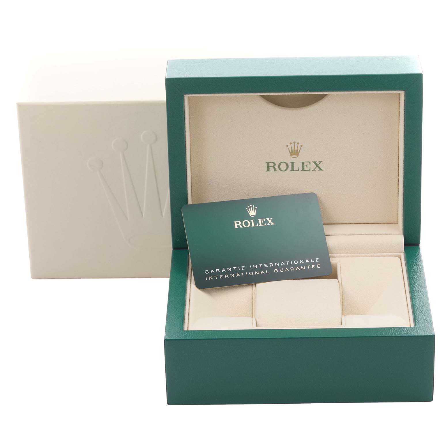 The image shows an open Rolex Mid-Size 278344 Women's White Gold Silver Dial 278344 Women's White Gold Silver Dial watch box with the guarantee card inside.