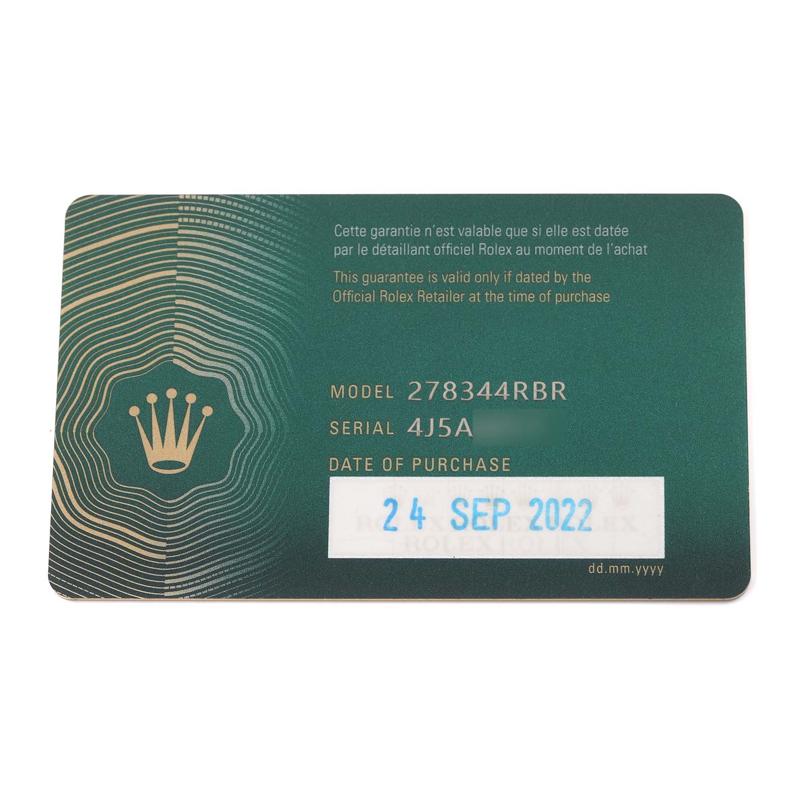 This image shows a warranty card for the Rolex Mid-Size 278344 Women's White Gold Silver Dial 278344 Women's White Gold Silver Dial model 278344RBR, including the serial number and date of purchase.