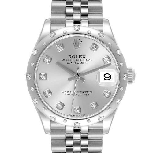 The Rolex Datejust Mid-Size watch is shown close-up, featuring its dial, bezel, crown, and part of the bracelet.