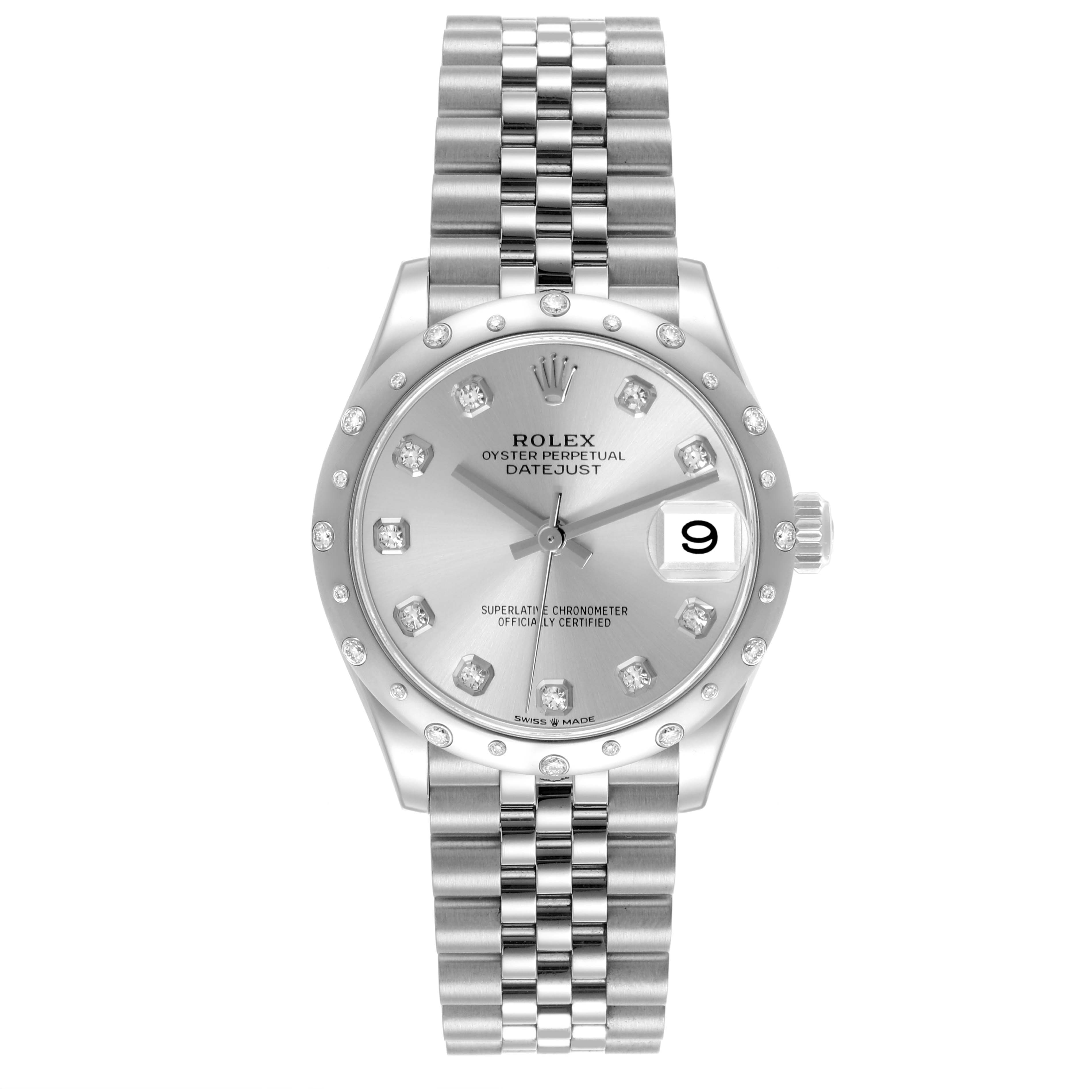 The Rolex Oyster Perpetual Datejust Mid-Size watch is shown from the front, displaying its dial, hands, date, and bracelet.