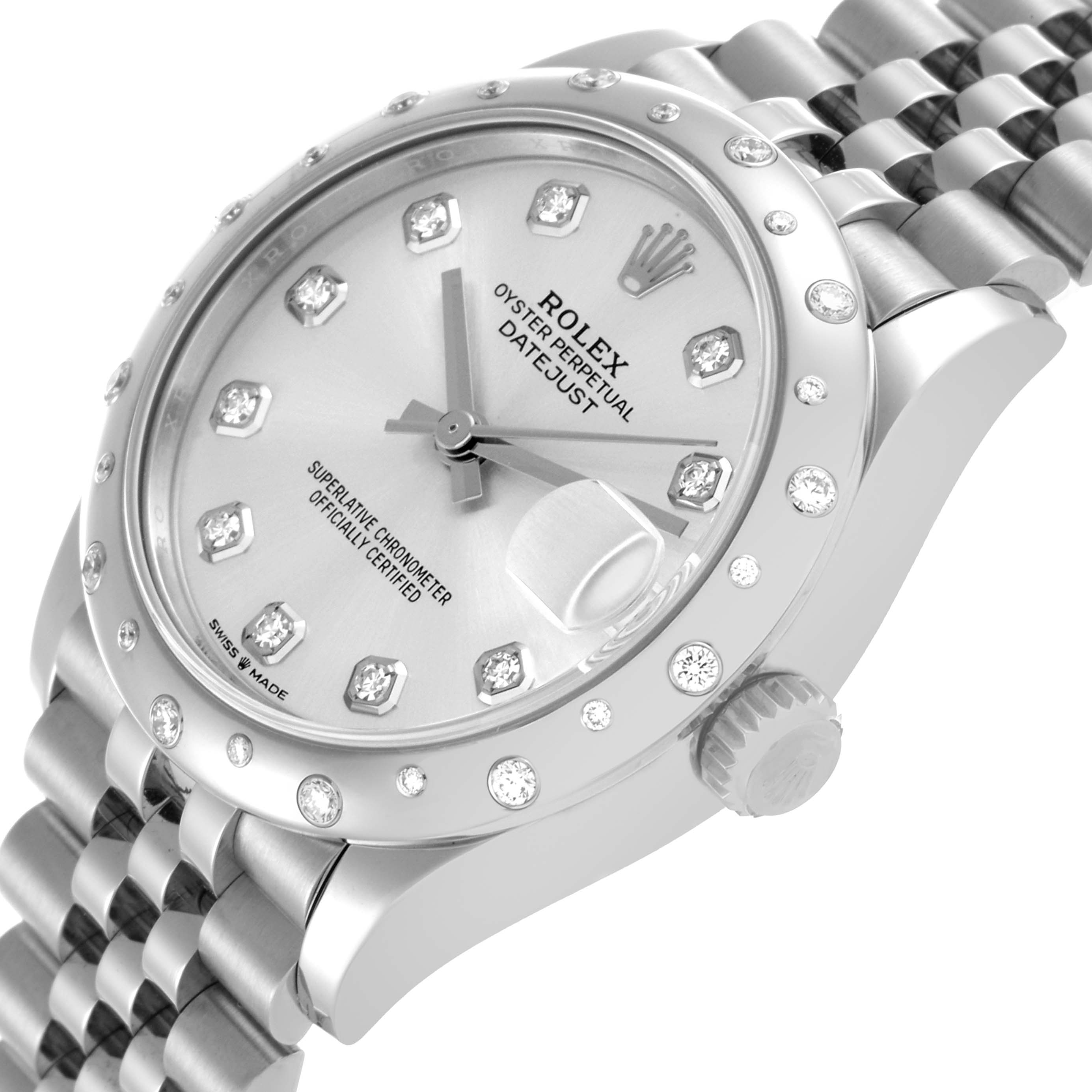 The Rolex Mid-Size 278344 Women's White Gold Silver Dial 278344 Women's White Gold Silver Dial Datejust watch is shown at a slight angle, displaying the face, bezel, crown, and part of the band.