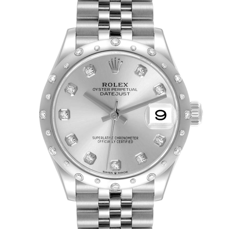 The Rolex Datejust Mid-Size watch is shown from the front, highlighting the dial, bezel, bracelet, and crown.