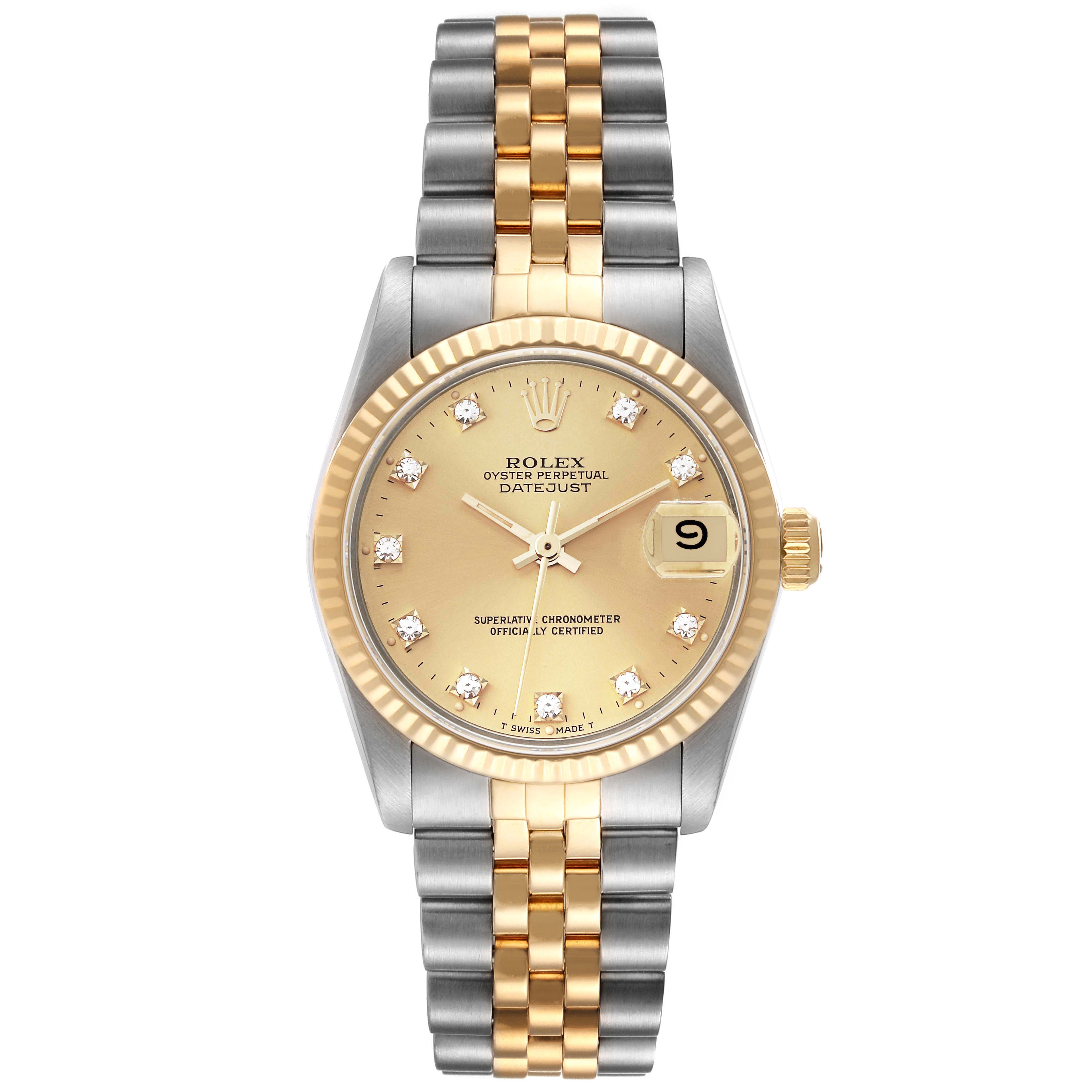 This is a front view of the Rolex Mid-Size 68273 Women's Steel and Gold (two tone) Champagne Dial 68273 Women's Steel and Gold (two tone) Champagne Dial Datejust watch, showing the dial, bezel, bracelet, and crown.