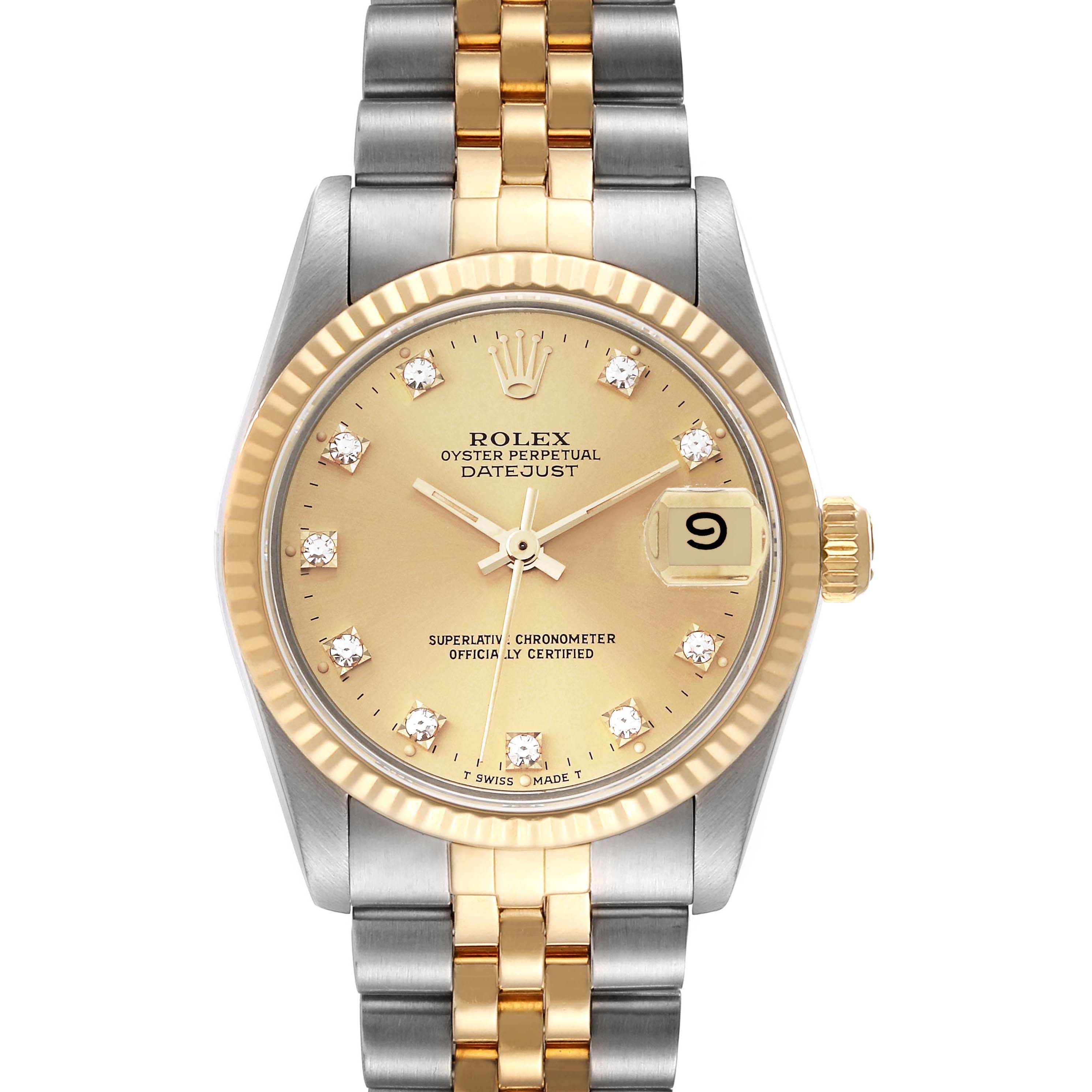 This Rolex Mid-Size 68273 Women's Steel and Gold (two tone) Champagne Dial 68273 Women's Steel and Gold (two tone) Champagne Dial Oyster Perpetual Datejust is shown from a top-down angle, highlighting its gold dial, bezel, and two-tone bracelet.