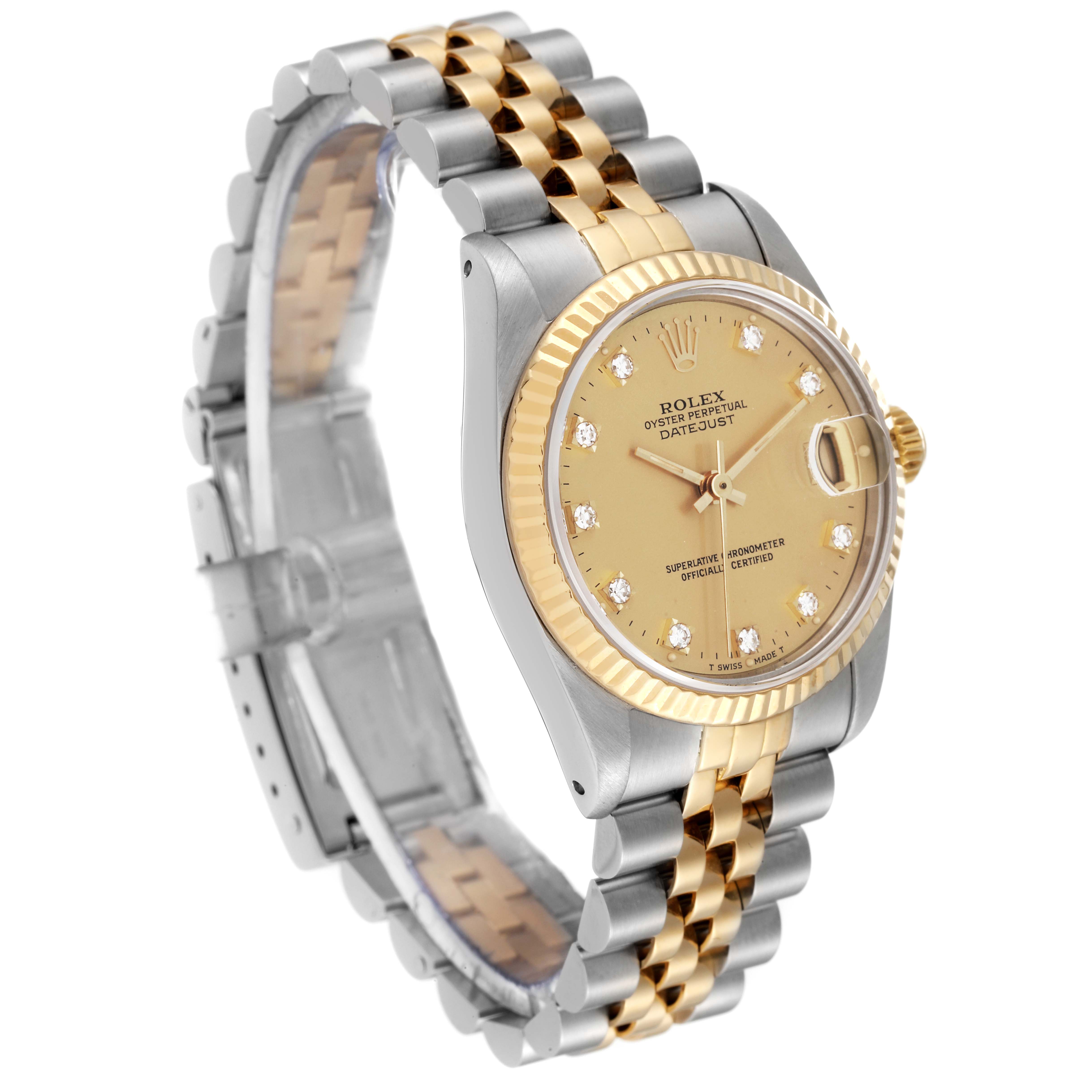 This image shows a Rolex Datejust Mid-Size watch, highlighting its dial, bezel, and two-tone metal bracelet from a side angle.