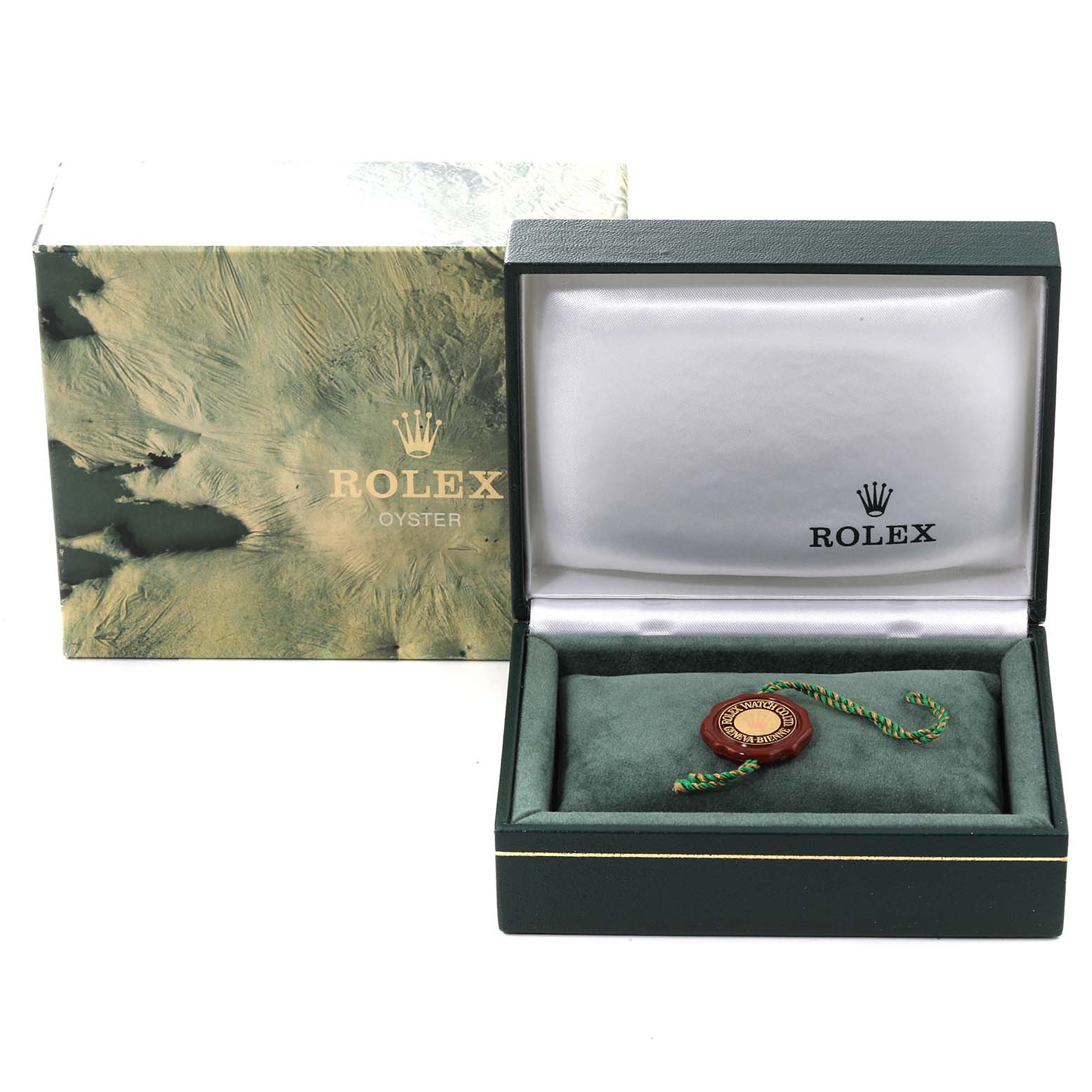 The image shows the packaging for a Rolex Mid-Size 68273 Women's Steel and Gold (two tone) Champagne Dial 68273 Women's Steel and Gold (two tone) Champagne Dial model watch, including the outer box, inner case, and a certification tag.