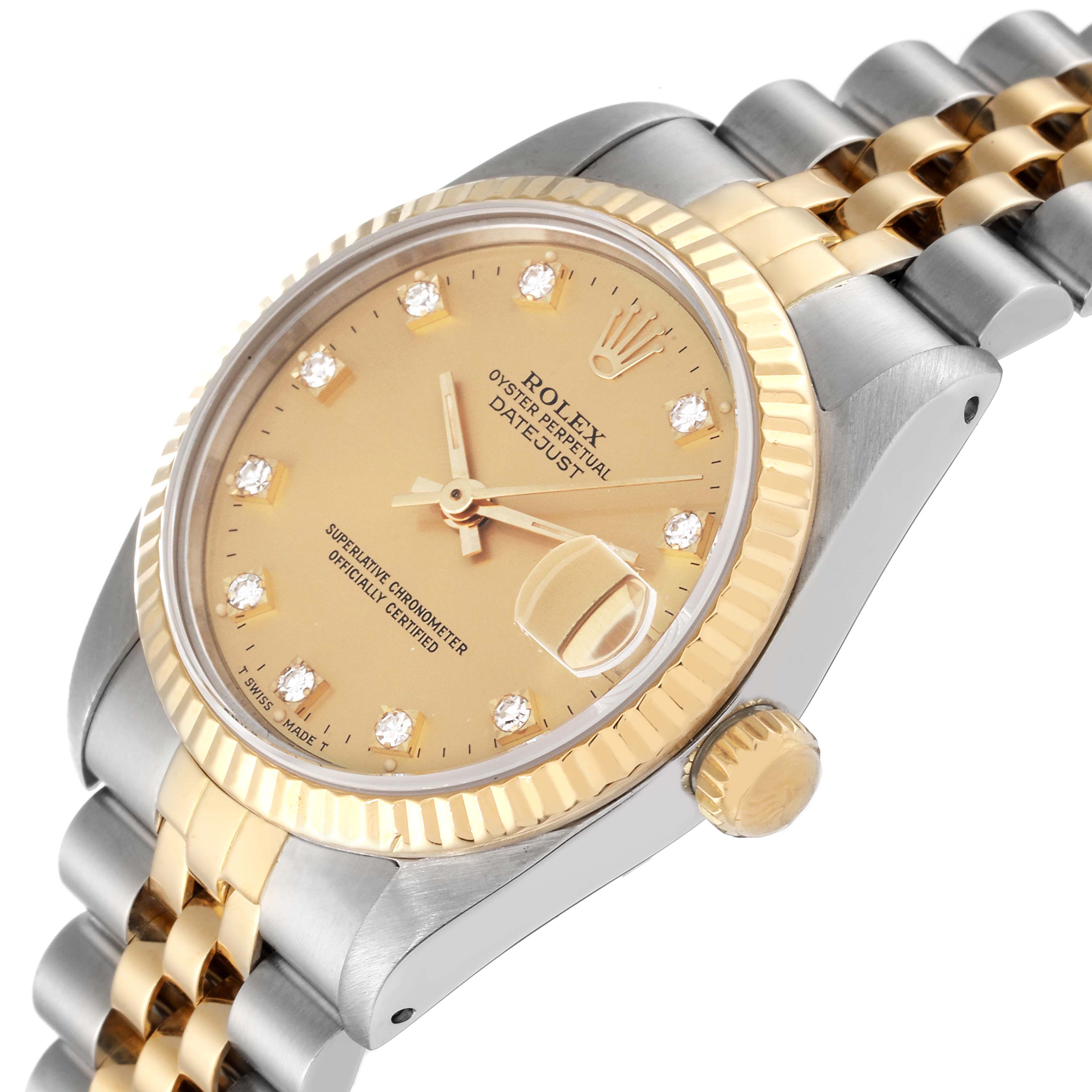 This image shows a close-up angled view of a Rolex Datejust Mid-Size watch featuring its gold bezel, dial, and Jubilee bracelet.