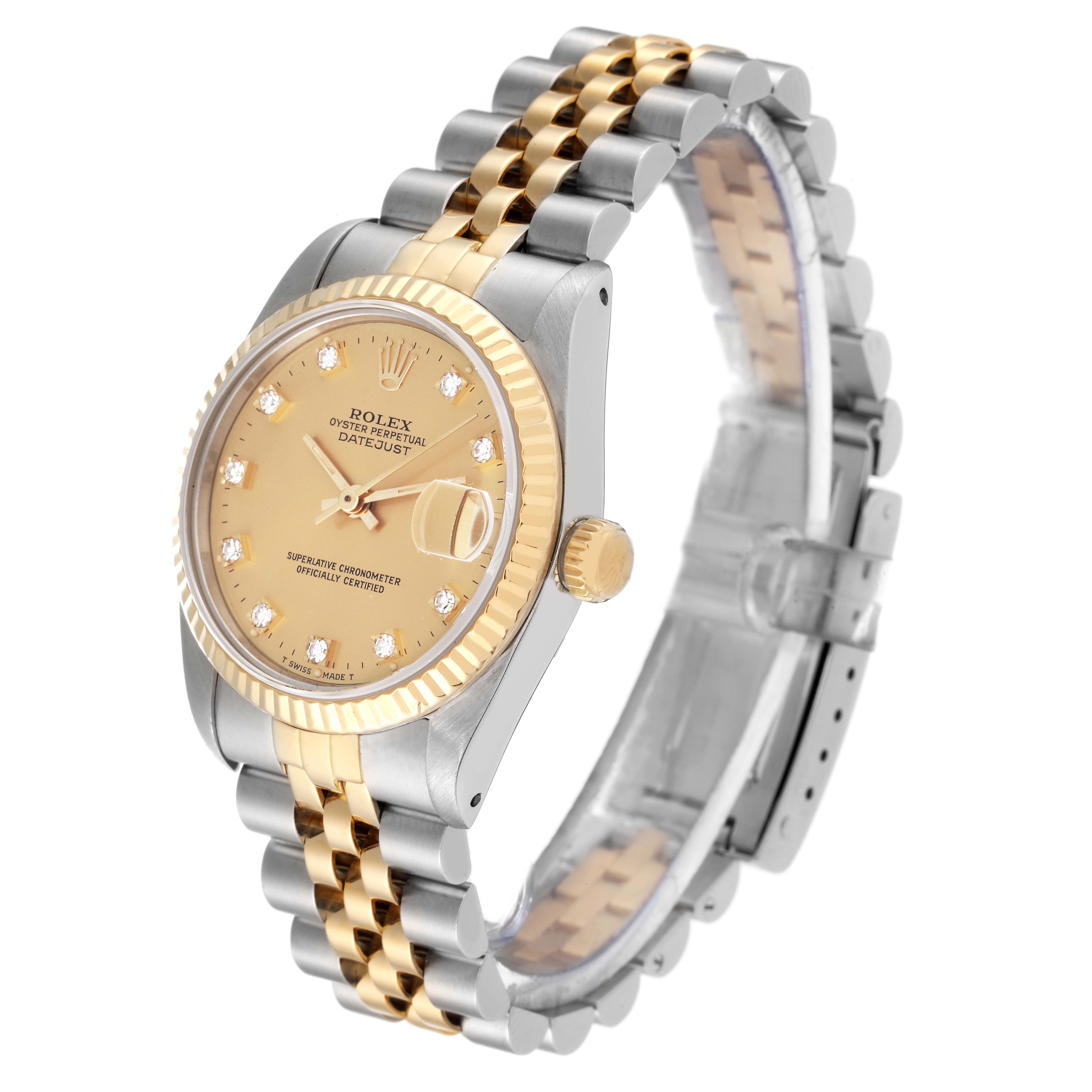 The image shows a side angled view of a Rolex Mid-Size 68273 Women's Steel and Gold (two tone) Champagne Dial 68273 Women's Steel and Gold (two tone) Champagne Dial Datejust watch, showcasing the dial, bezel, crown, and bracelet.