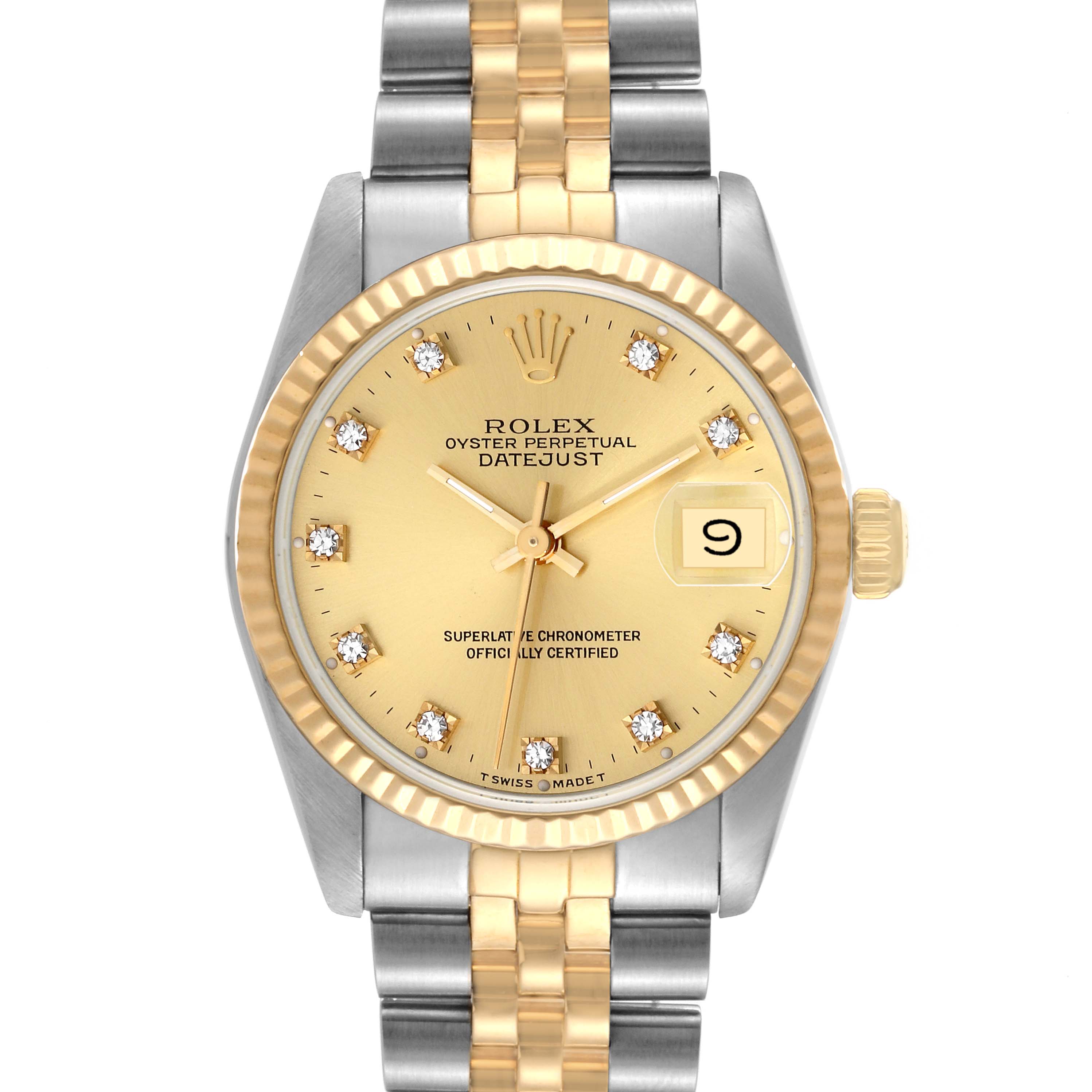 This Rolex Mid-Size 68273 Women's Steel and Gold (two tone) Champagne Dial 68273 Women's Steel and Gold (two tone) Champagne Dial Datejust watch is shown from a straight-on angle, displaying the face, bezel, crown, and bracelet.