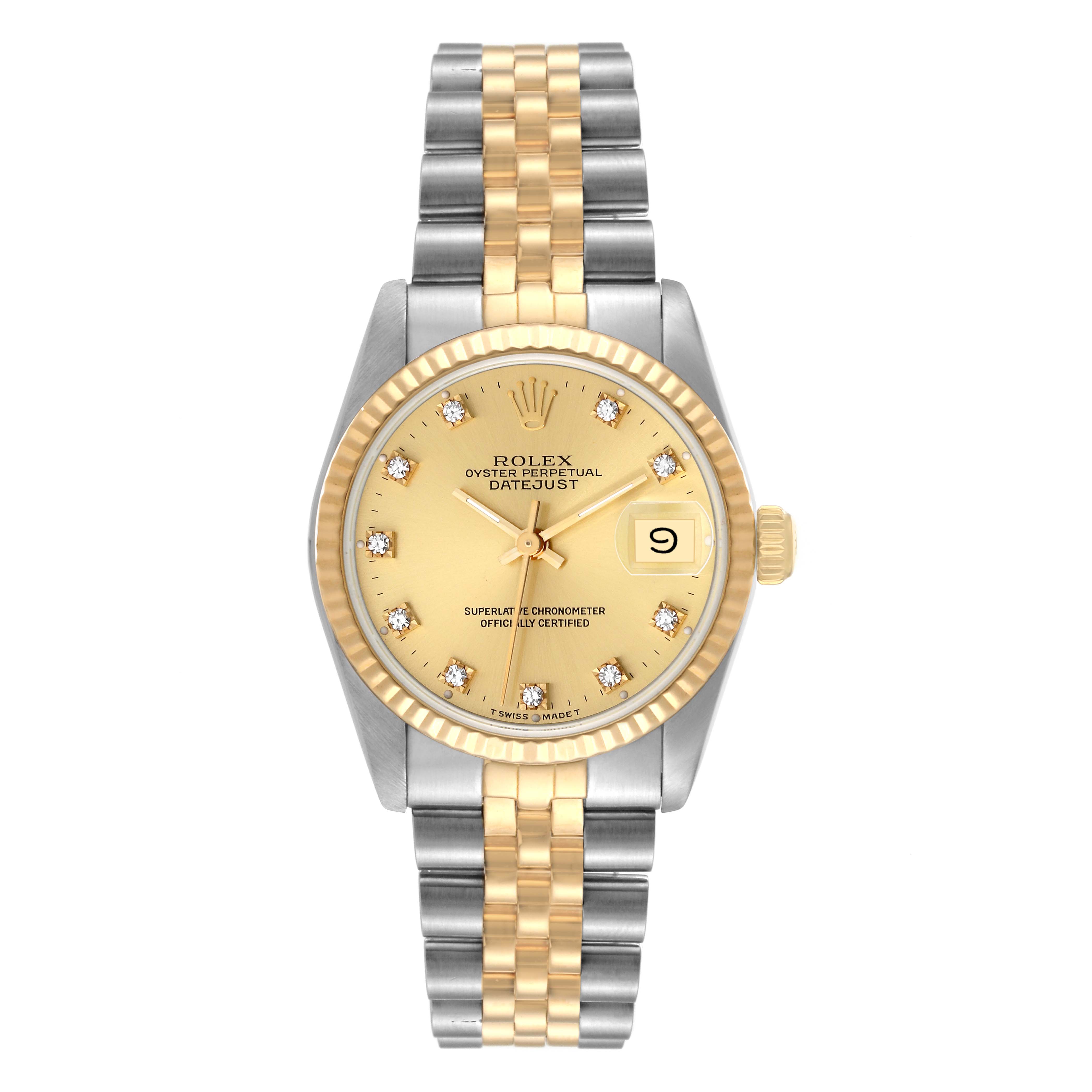 This image shows a front view of a Rolex Oyster Perpetual Datejust Mid-Size watch with a gold and silver bracelet.