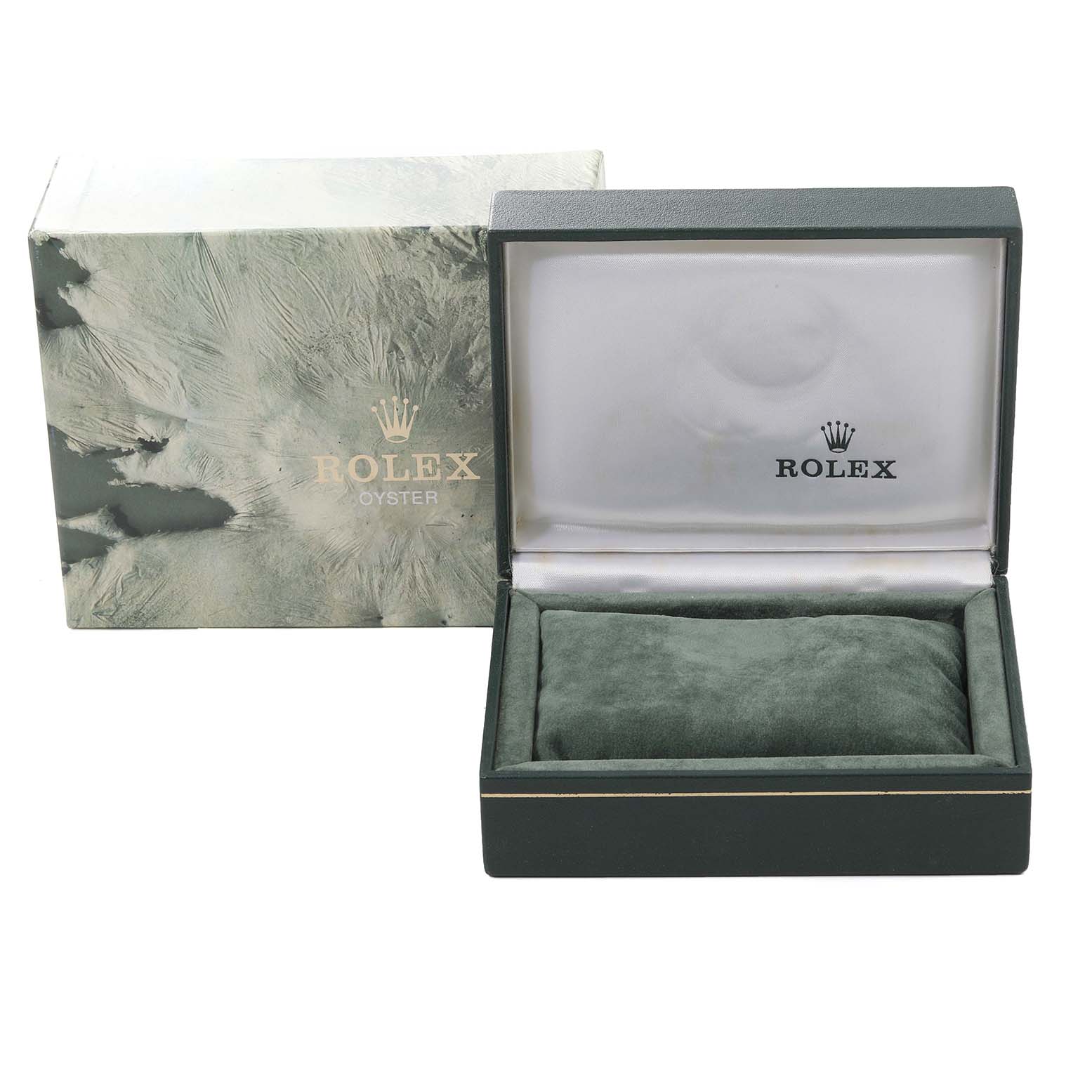 This image shows the box and inside packaging for a Mid-Size Rolex watch, including the empty cushion and branded lid.