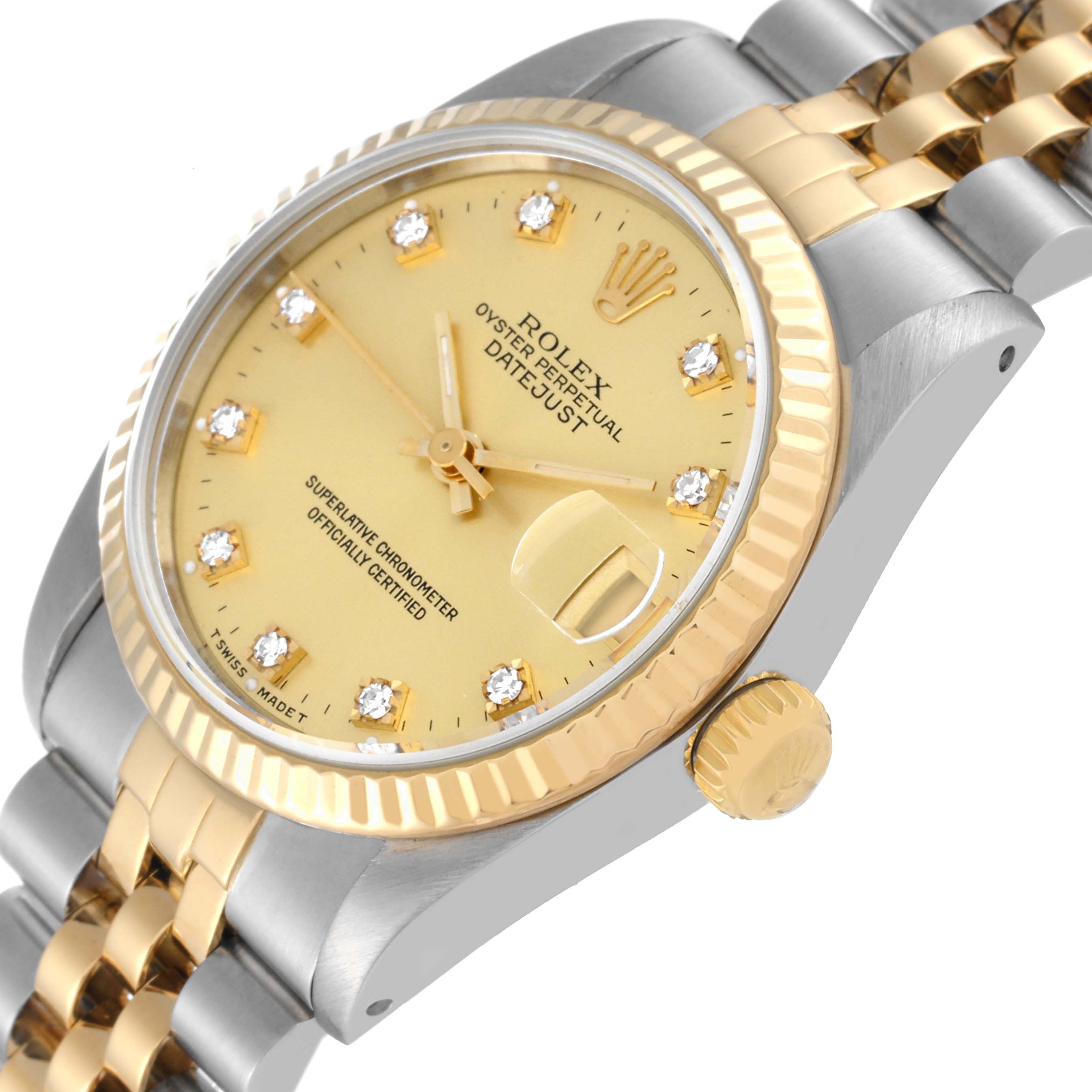 This image shows a Rolex Mid-Size 68273 Women's Steel and Gold (two tone) Champagne Dial 68273 Women's Steel and Gold (two tone) Champagne Dial Datejust watch angled from the front-left, highlighting the dial, bezel, crown, and bracelet.