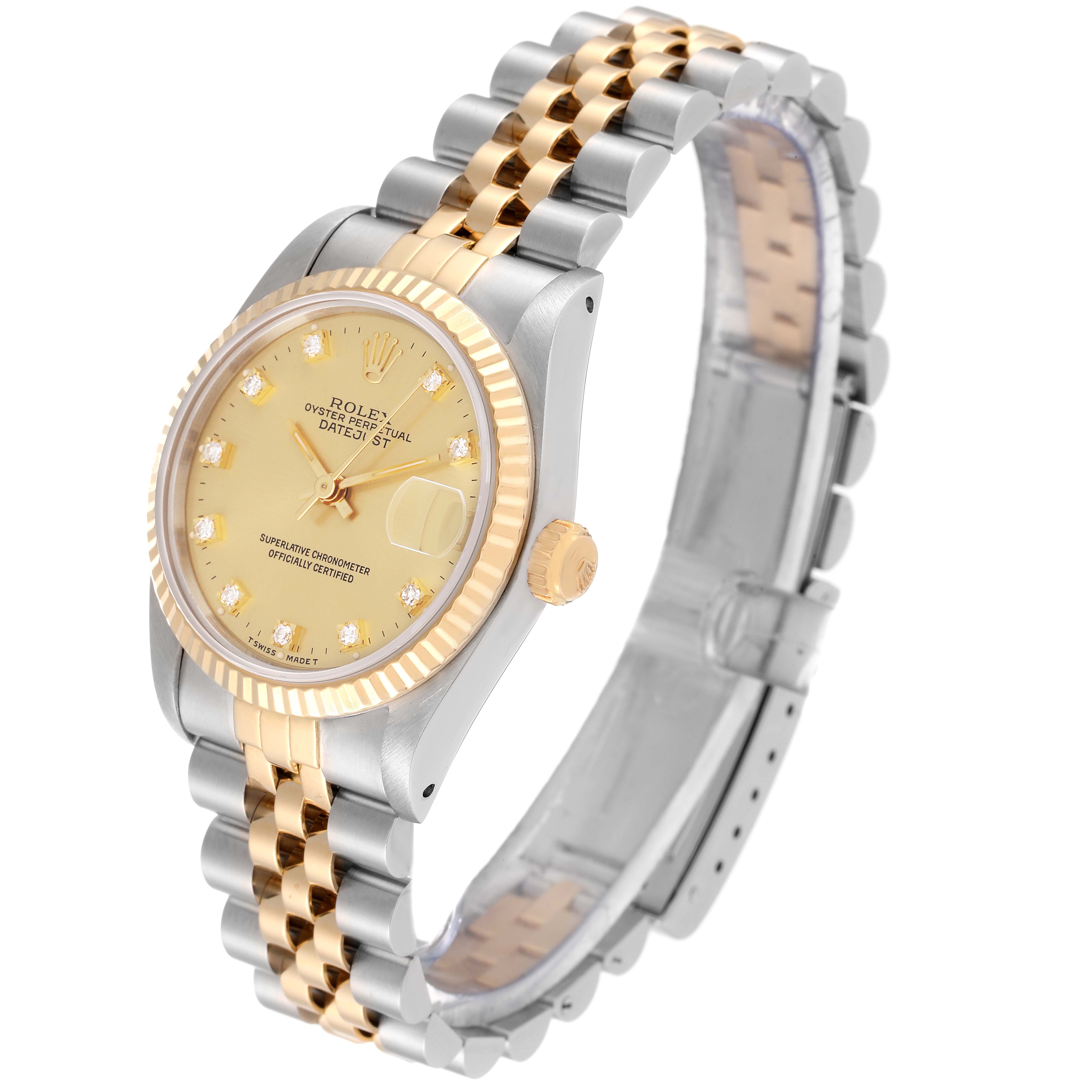 This image shows a Mid-Size Rolex watch at a slight side angle displaying the face, bezel, crown, and two-tone bracelet.