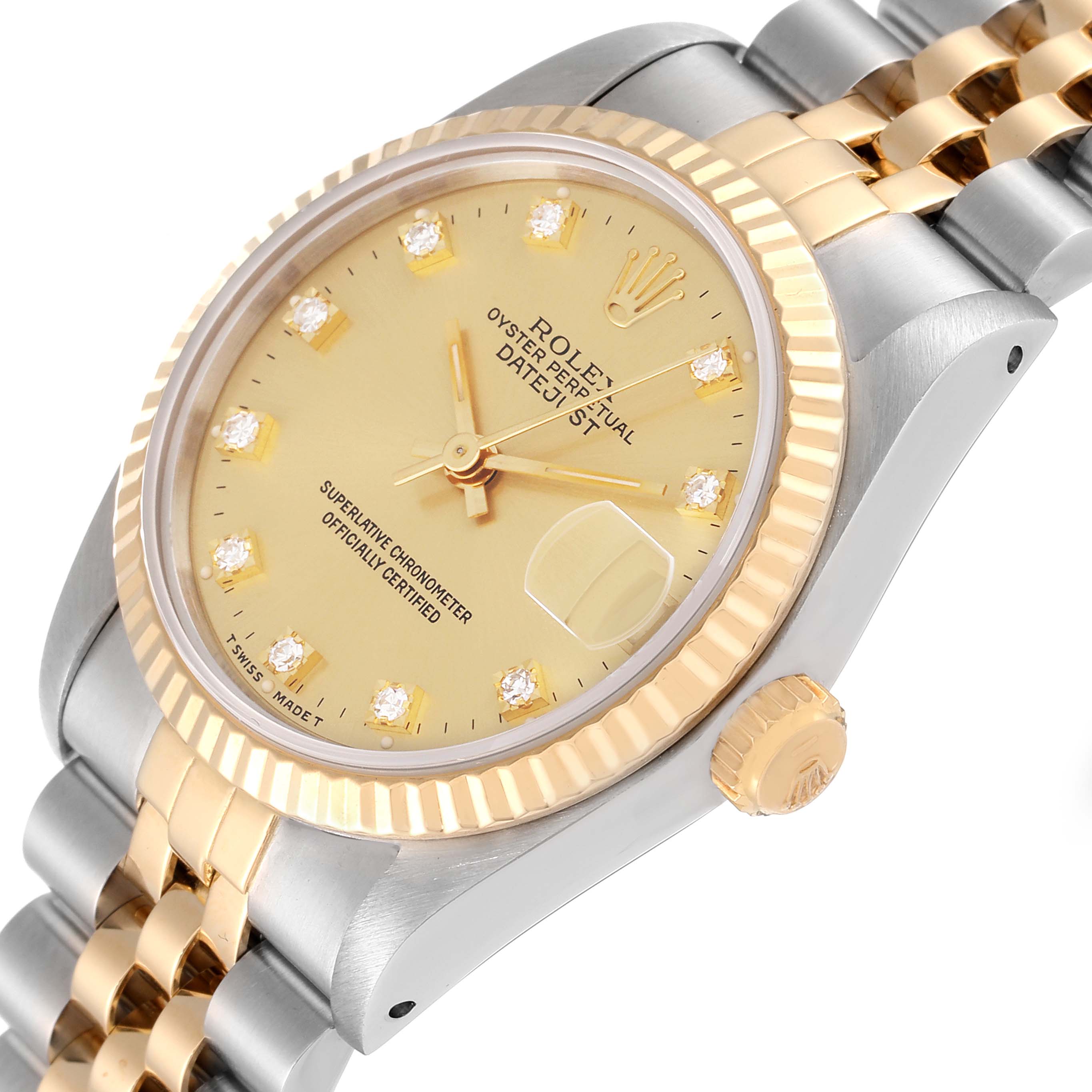 The image shows a Mid-Size Rolex Datejust watch at a slight angle, displaying the face, partial bracelet, and crown.