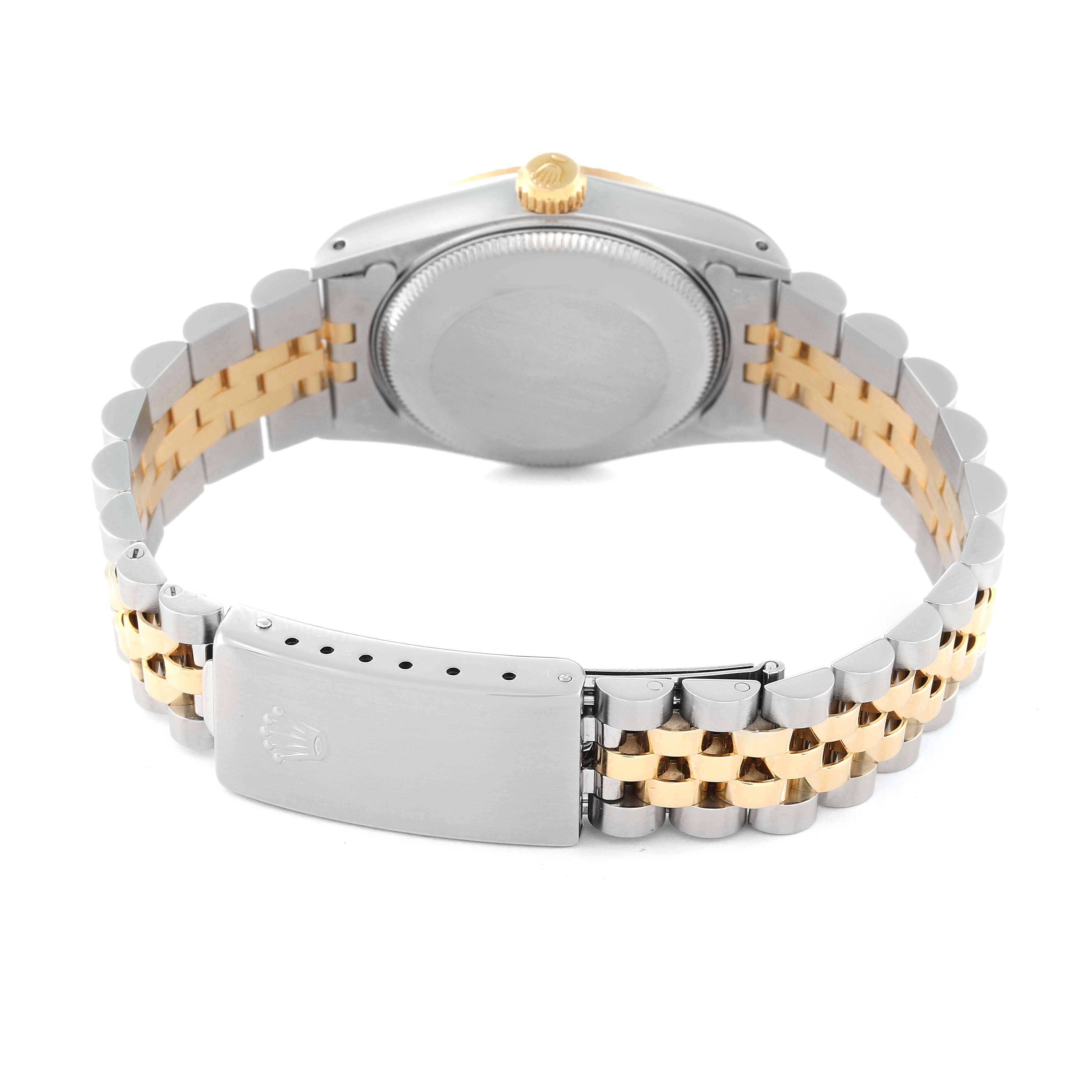 The image shows the back and bracelet of a Rolex Mid-Size 68273 Women's Steel and Gold (two tone) Champagne Dial 68273 Women's Steel and Gold (two tone) Champagne Dial model, highlighting the clasp and the case back.