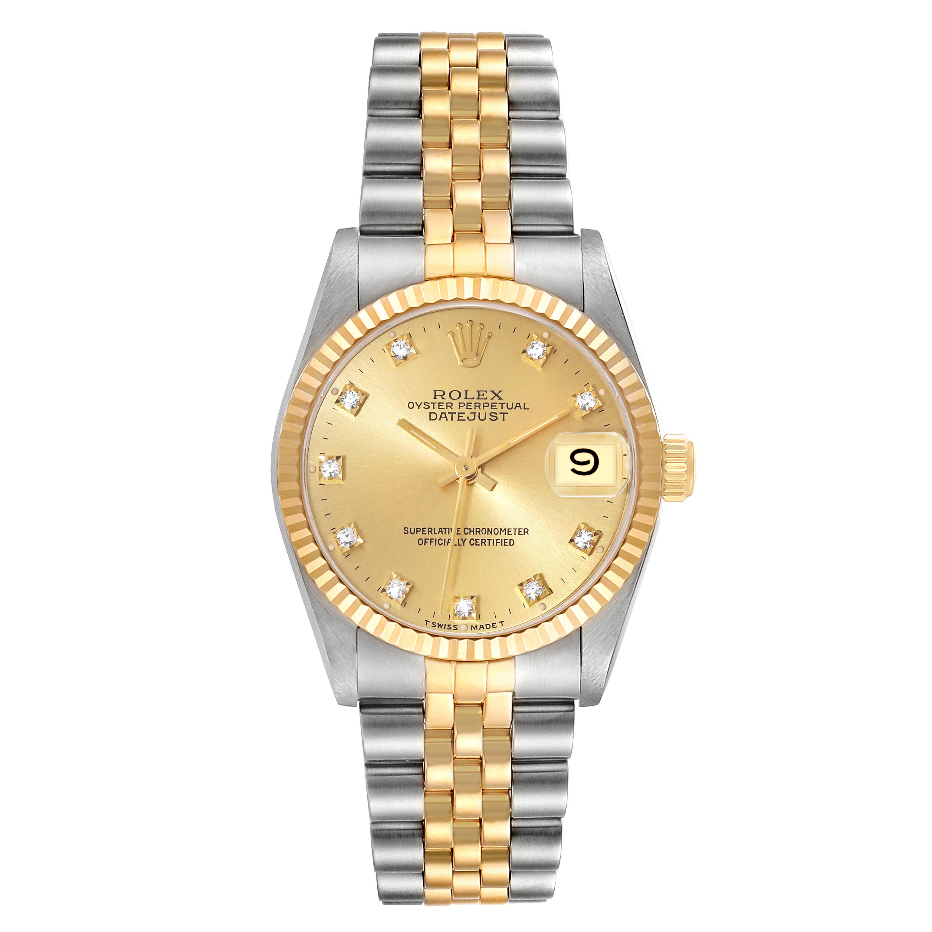 This image shows a front view of the Rolex Oyster Perpetual Datejust Mid-Size watch, highlighting its dial, bracelet, and date window.