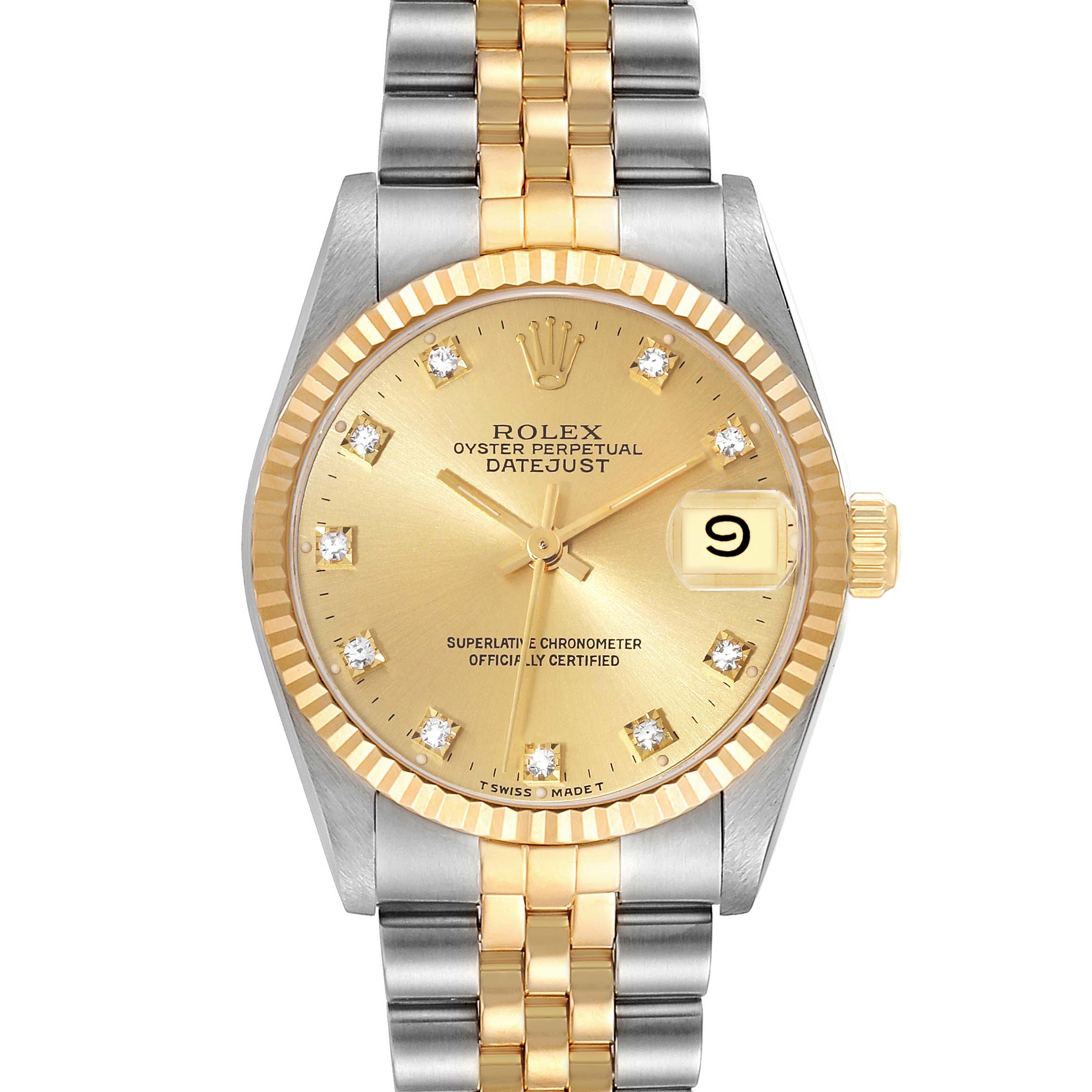 The image shows a front view of a Rolex Mid-Size 68273 Women's Steel and Gold (two tone) Champagne Dial 68273 Women's Steel and Gold (two tone) Champagne Dial Oyster Perpetual Datejust watch with a gold and silver bracelet.