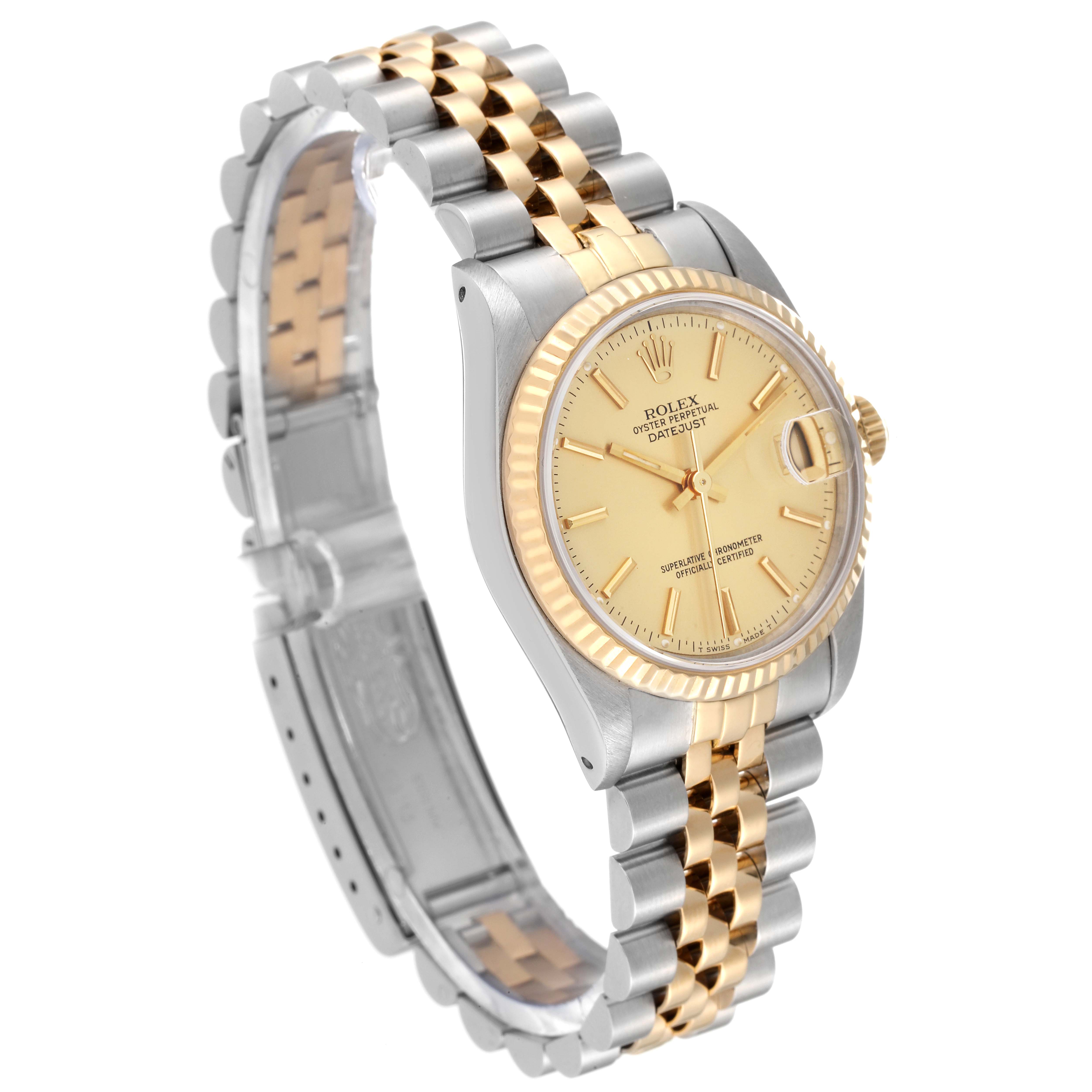 This image shows a Rolex Mid-Size 68273 Women's Steel and Gold (two tone) Champagne Dial 68273 Women's Steel and Gold (two tone) Champagne Dial Datejust watch at an angled side view, highlighting its two-tone bracelet, bezel, and dial.