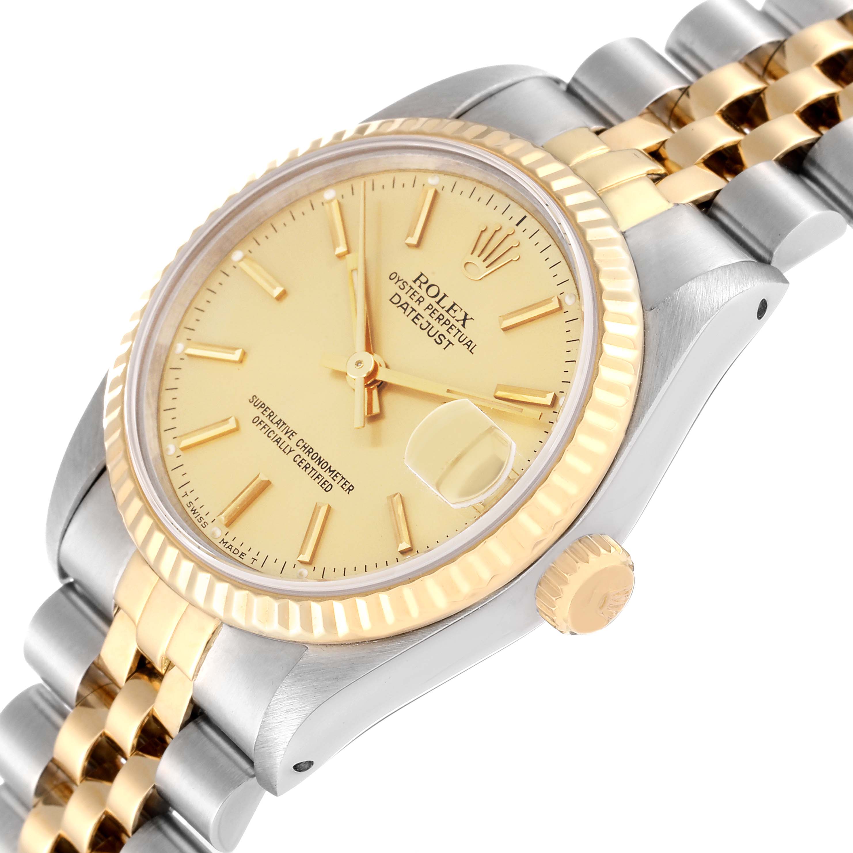This image shows the Rolex Mid-Size 68273 Women's Steel and Gold (two tone) Champagne Dial 68273 Women's Steel and Gold (two tone) Champagne Dial Datejust watch at an angle featuring its bezel, dial, and partially its bracelet.