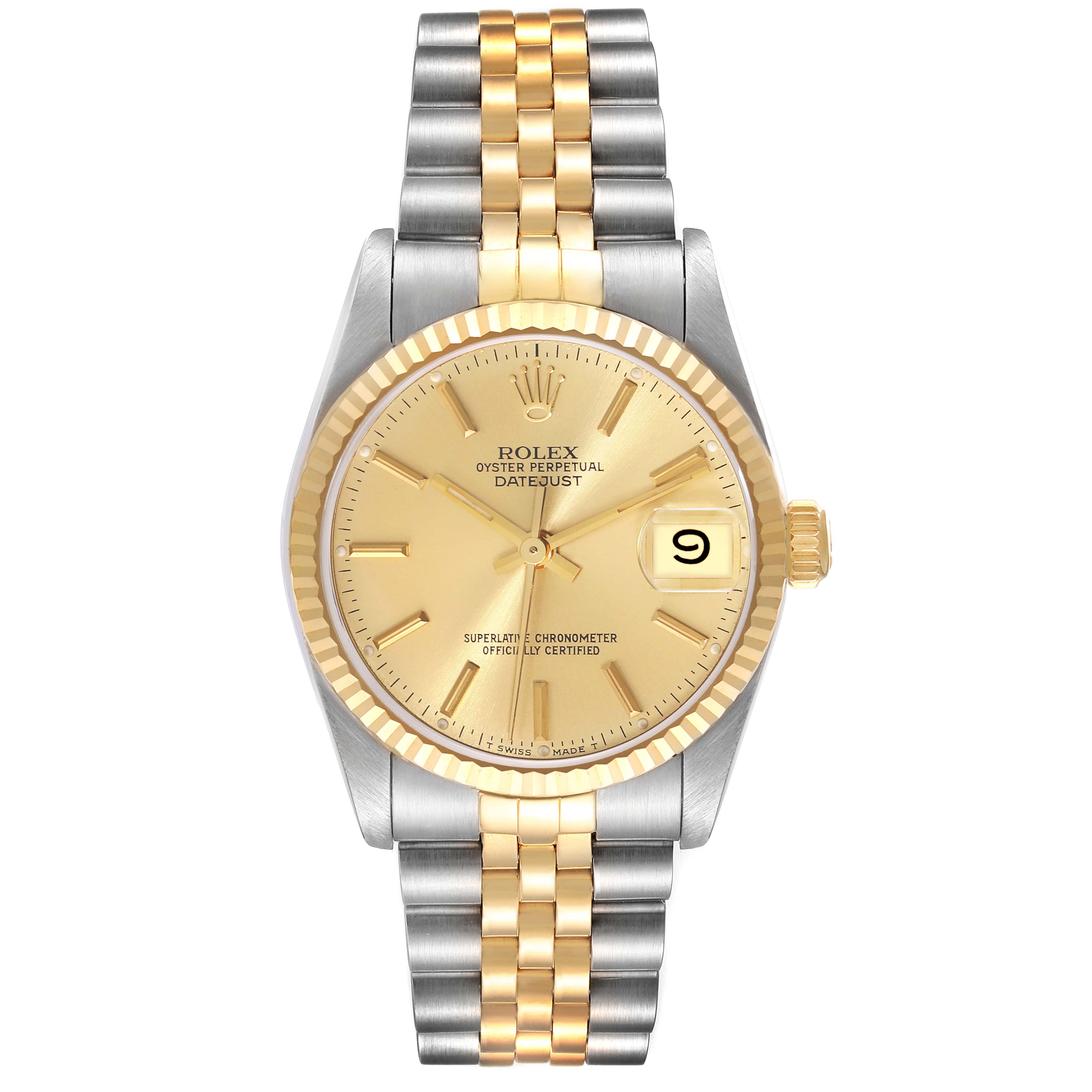 The image shows a frontal view of a Rolex Mid-Size 68273 Women's Steel and Gold (two tone) Champagne Dial 68273 Women's Steel and Gold (two tone) Champagne Dial Oyster Perpetual Datejust watch with a gold and silver Jubilee bracelet.