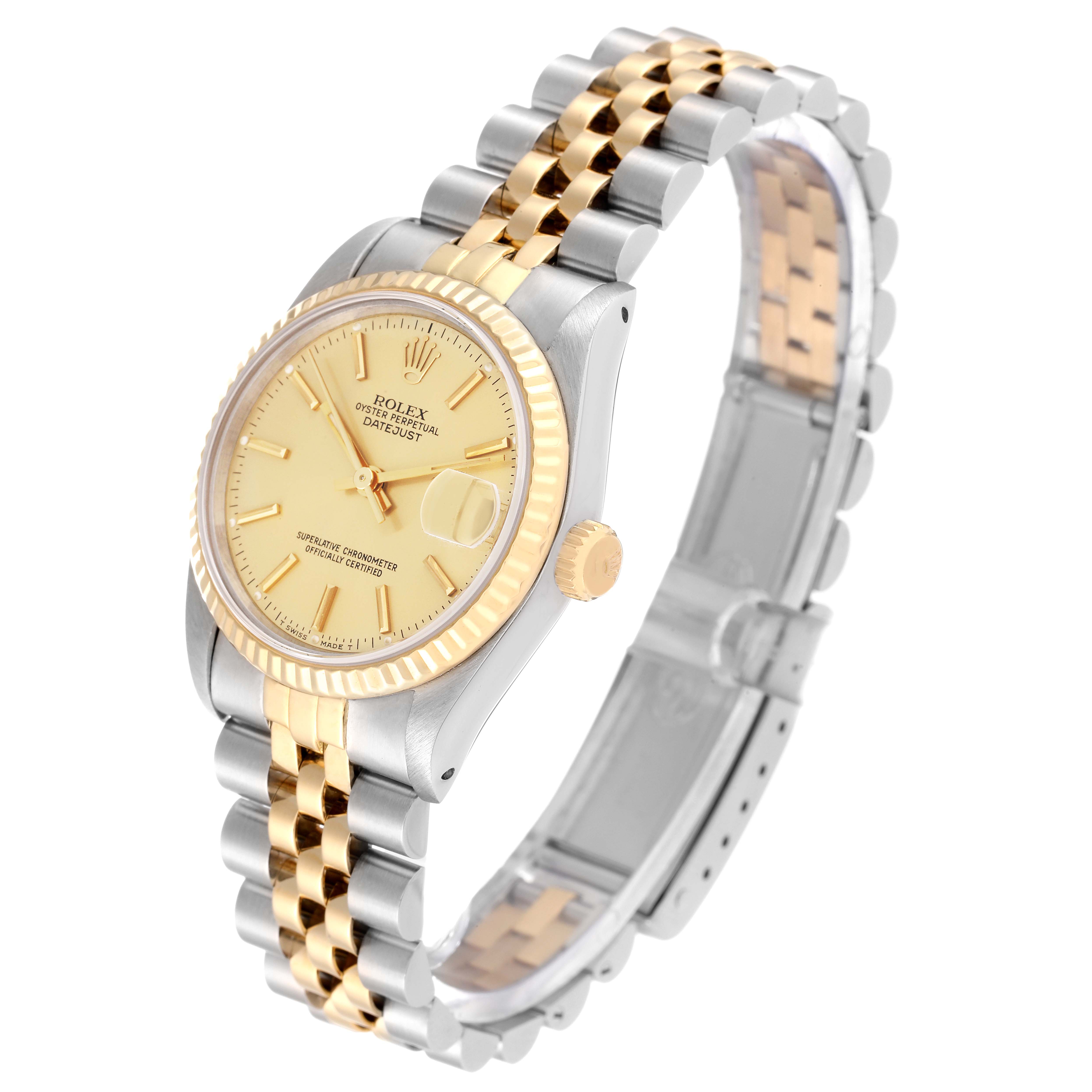 This image of the Rolex Mid-Size 68273 Women's Steel and Gold (two tone) Champagne Dial 68273 Women's Steel and Gold (two tone) Champagne Dial Datejust watch shows a three-quarter angle with the dial, bezel, crown, and bracelet visible.