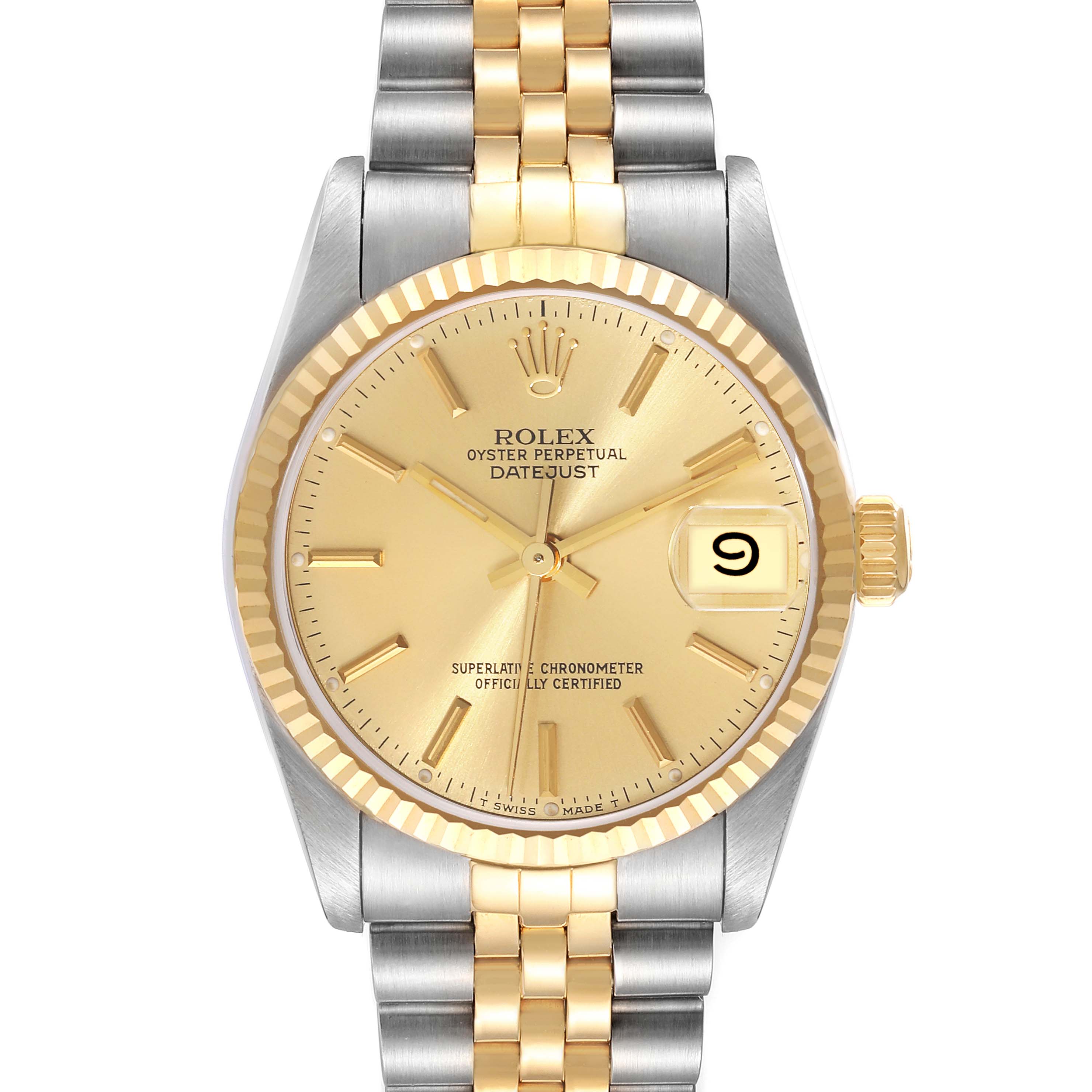 This Rolex Mid-Size 68273 Women's Steel and Gold (two tone) Champagne Dial 68273 Women's Steel and Gold (two tone) Champagne Dial Datejust watch is shown from the front, highlighting its two-tone bracelet, gold dial, and date display.