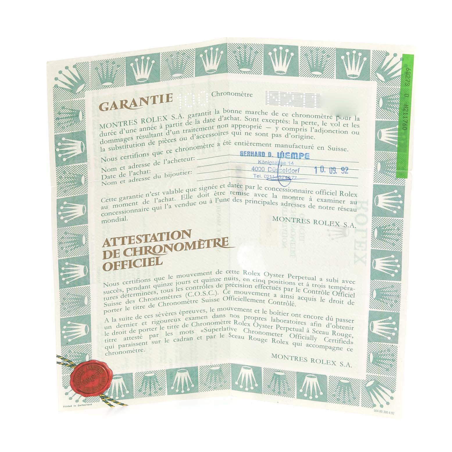 This image shows the warranty and official chronometer certification documents for a Rolex Mid-Size 68273 Women's Steel and Gold (two tone) Champagne Dial 68273 Women's Steel and Gold (two tone) Champagne Dial model watch.