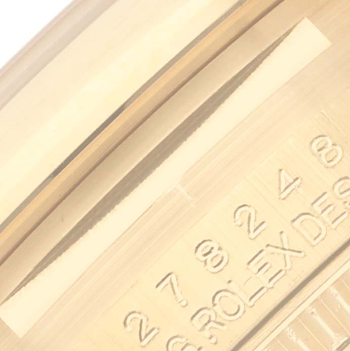 The image shows a close-up of the case side and engraved details of the Rolex President 278248 Women's Yellow Gold Mother of Pearl Dial 278248 Women's Yellow Gold Mother of Pearl Dial model.