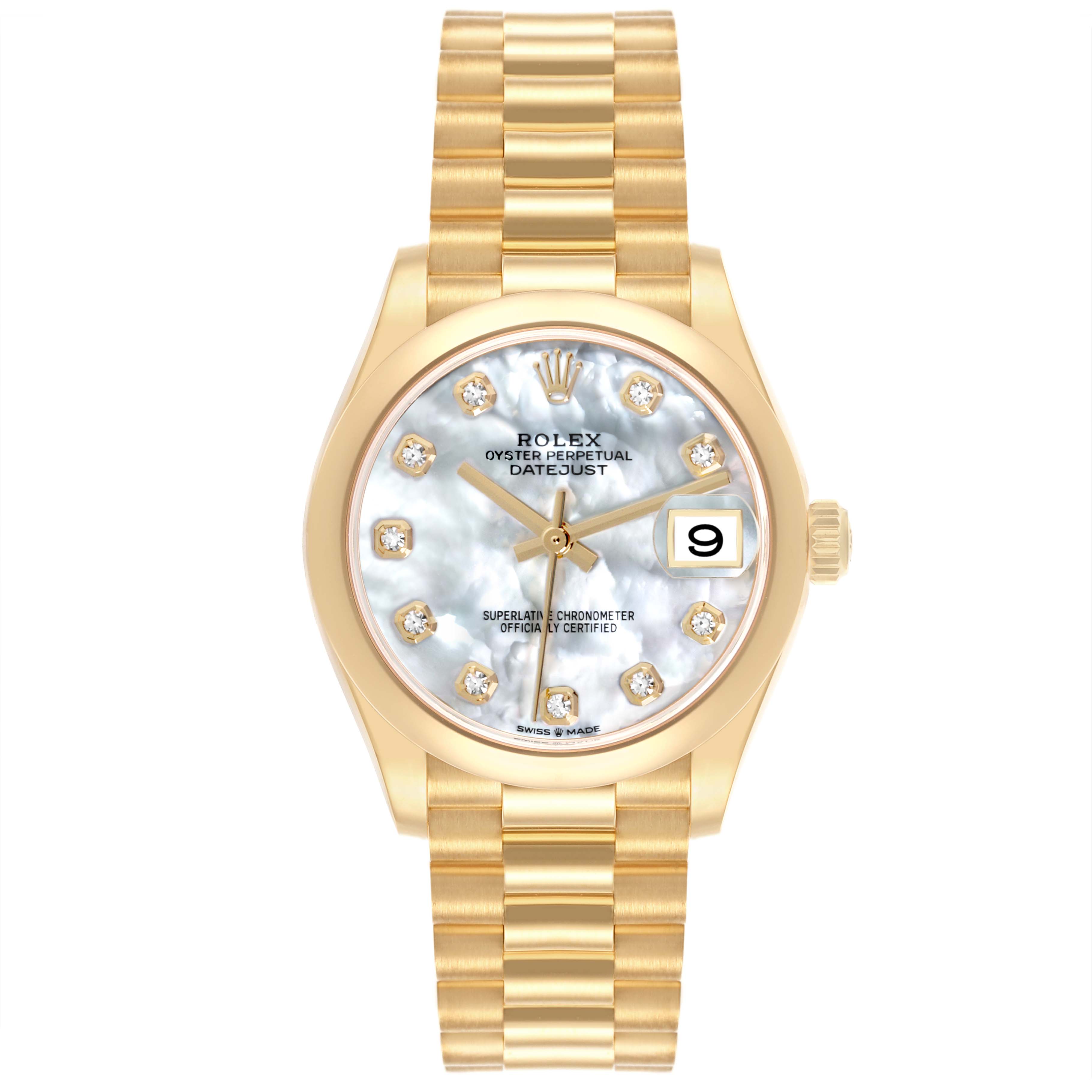 The Rolex President 278248 Women's Yellow Gold Mother of Pearl Dial 278248 Women's Yellow Gold Mother of Pearl Dial model is shown from a top-down angle, displaying the dial, bezel, and bracelet.