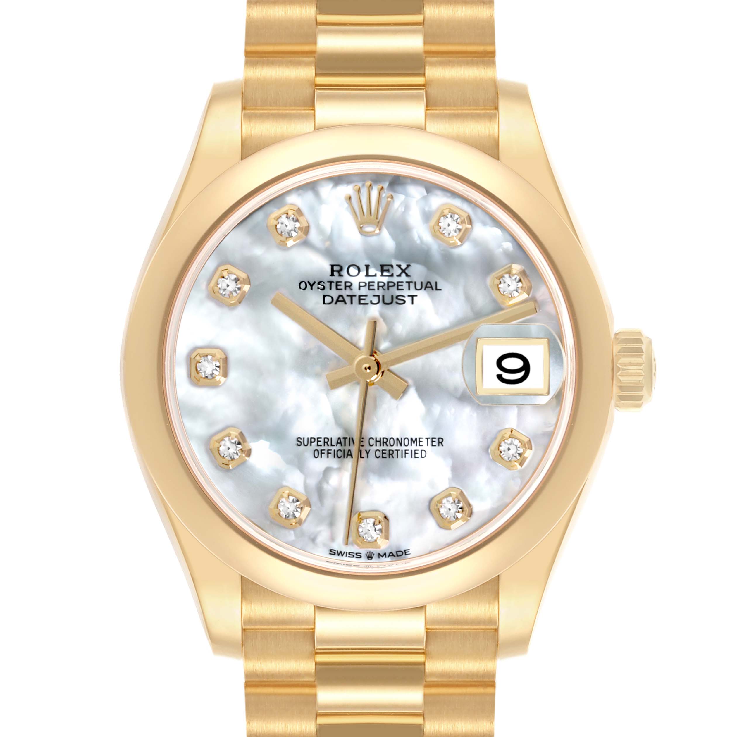 The Rolex President 278248 Women's Yellow Gold Mother of Pearl Dial 278248 Women's Yellow Gold Mother of Pearl Dial model watch is shown from the front, displaying the face, hands, date function, and part of the gold bracelet.
