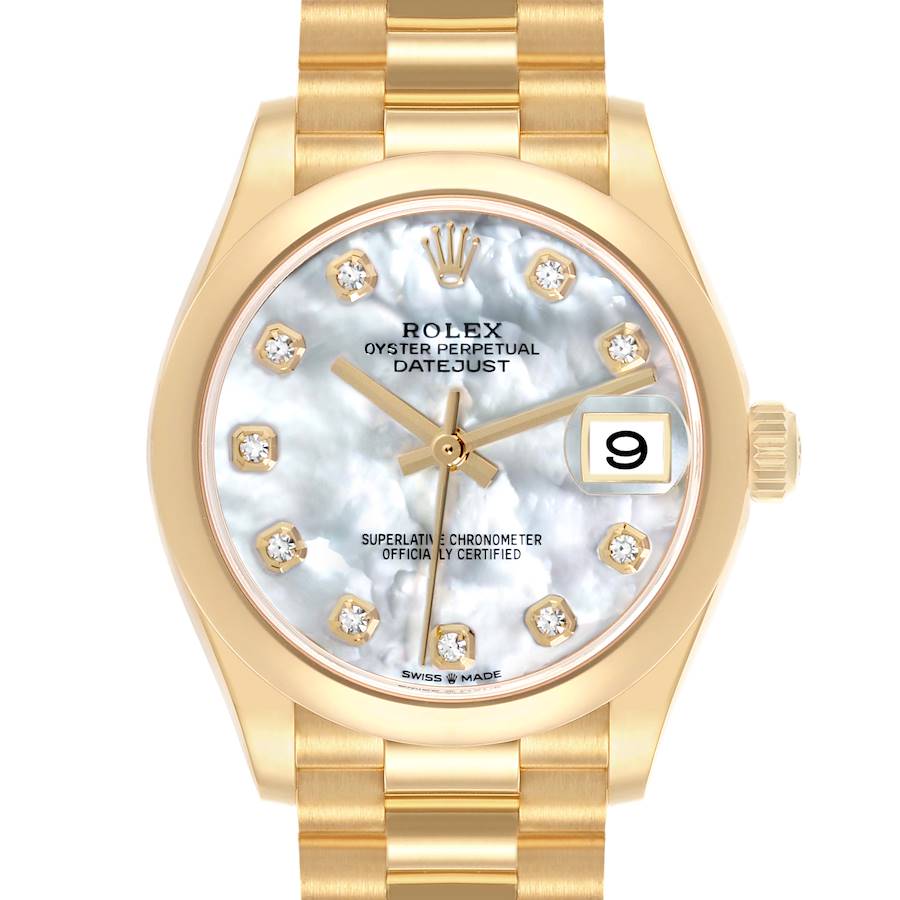 The Rolex President model watch is shown from the front, displaying the face, hands, date function, and part of the gold bracelet.