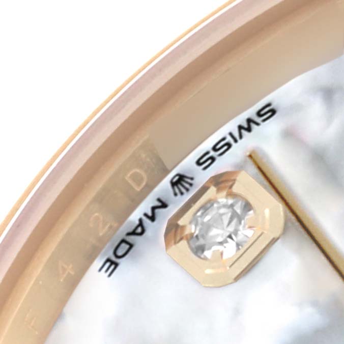 The image shows a close-up of the dial and bezel of the Rolex President 278248 Women's Yellow Gold Mother of Pearl Dial 278248 Women's Yellow Gold Mother of Pearl Dial watch, highlighting the "SWISS MADE" text.