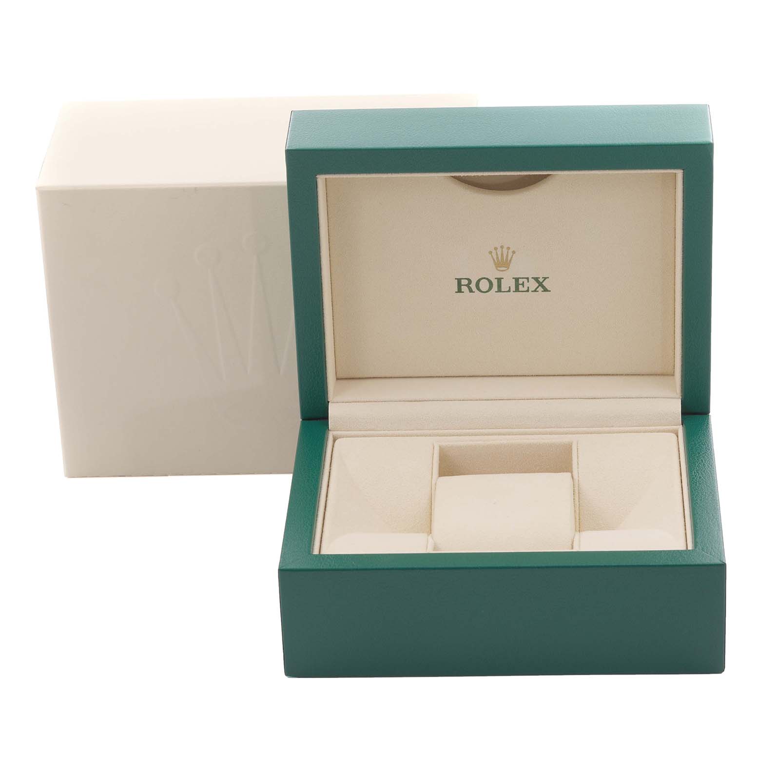 The image shows an open Rolex President 278248 Women's Yellow Gold Mother of Pearl Dial 278248 Women's Yellow Gold Mother of Pearl Dial model box with a cushioned interior for the watch.