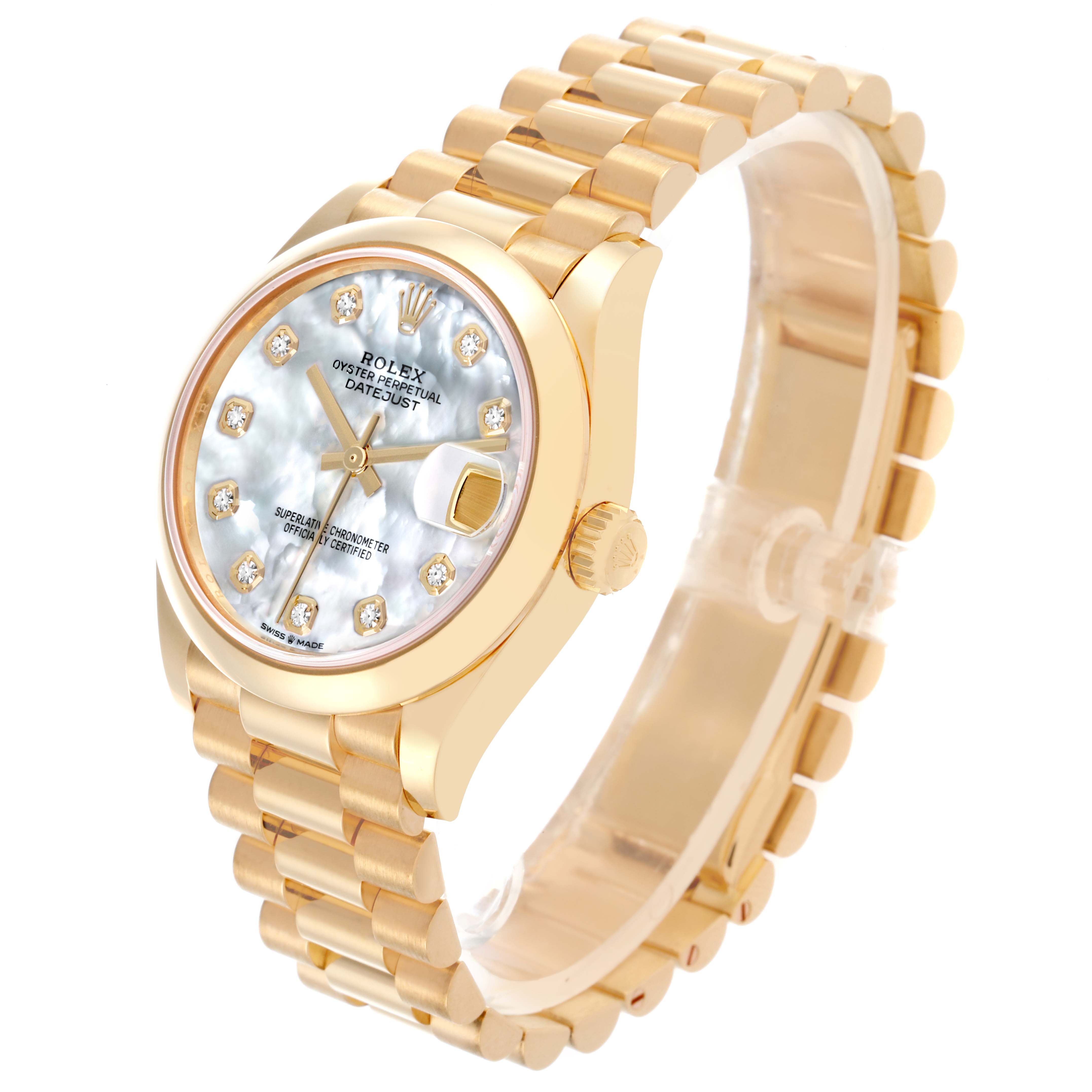 The Rolex President 278248 Women's Yellow Gold Mother of Pearl Dial 278248 Women's Yellow Gold Mother of Pearl Dial model is shown at a three-quarter angle, highlighting the dial, bezel, and gold bracelet.
