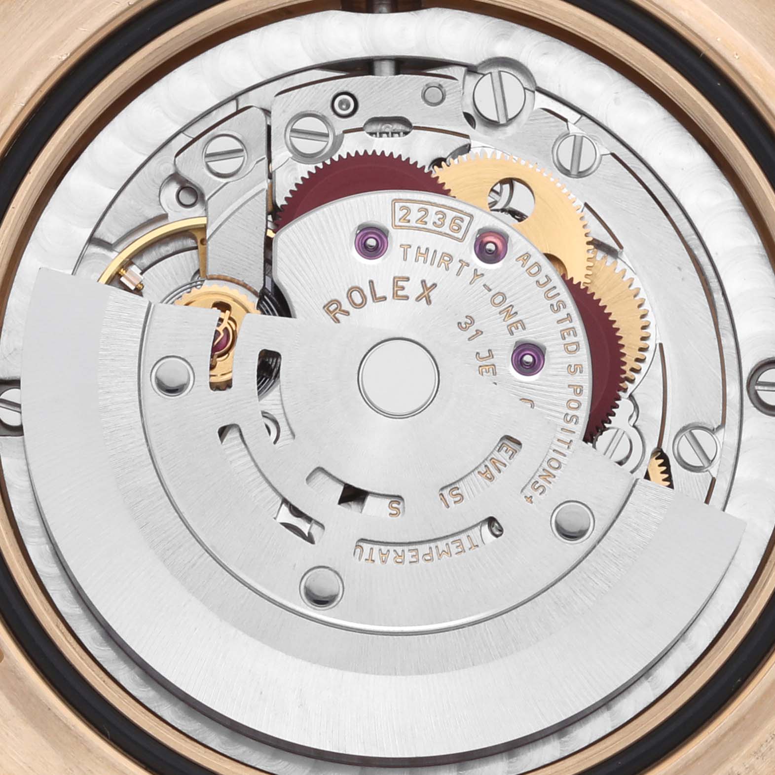 The image shows the internal movement mechanism of the Rolex President 278248 Women's Yellow Gold Mother of Pearl Dial 278248 Women's Yellow Gold Mother of Pearl Dial model.